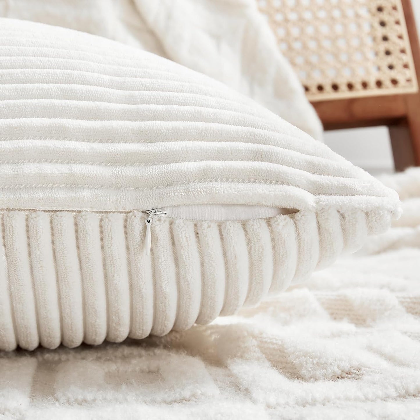 Fancy Homi 2 Packs Cream White Decorative Throw Pillow Covers 16x16 Inch for Living Room Couch Bed Sofa, Rustic Farmhouse Boho Home Decor, Soft Corss Patchwork Corduroy Textured Cushion Case 40x40 cm