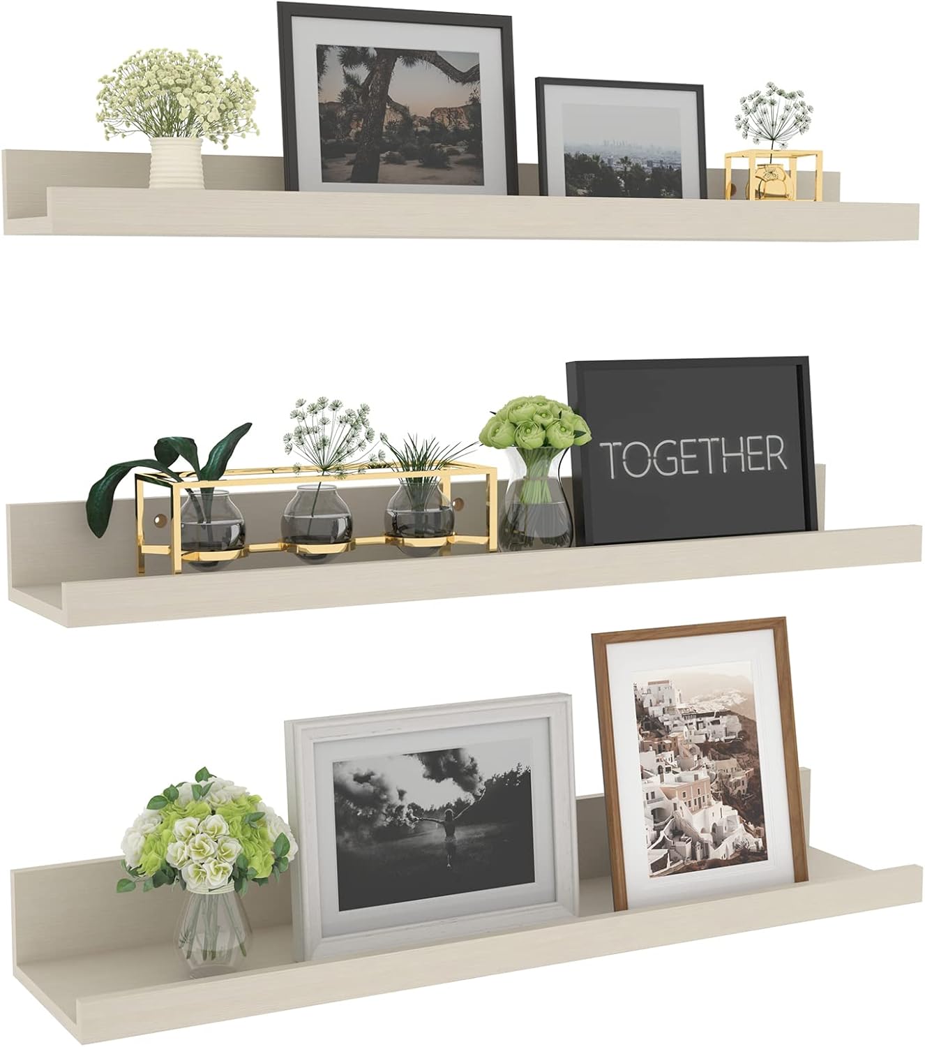 Giftgarden 24 Inch Floating Shelves for Wall, Creamy White Beige Wood-Grain Wooden Shelf Ledge for Bathroom Kitchen Living Room Nursery Bedroom Picture, Set of 3 Different Sizes