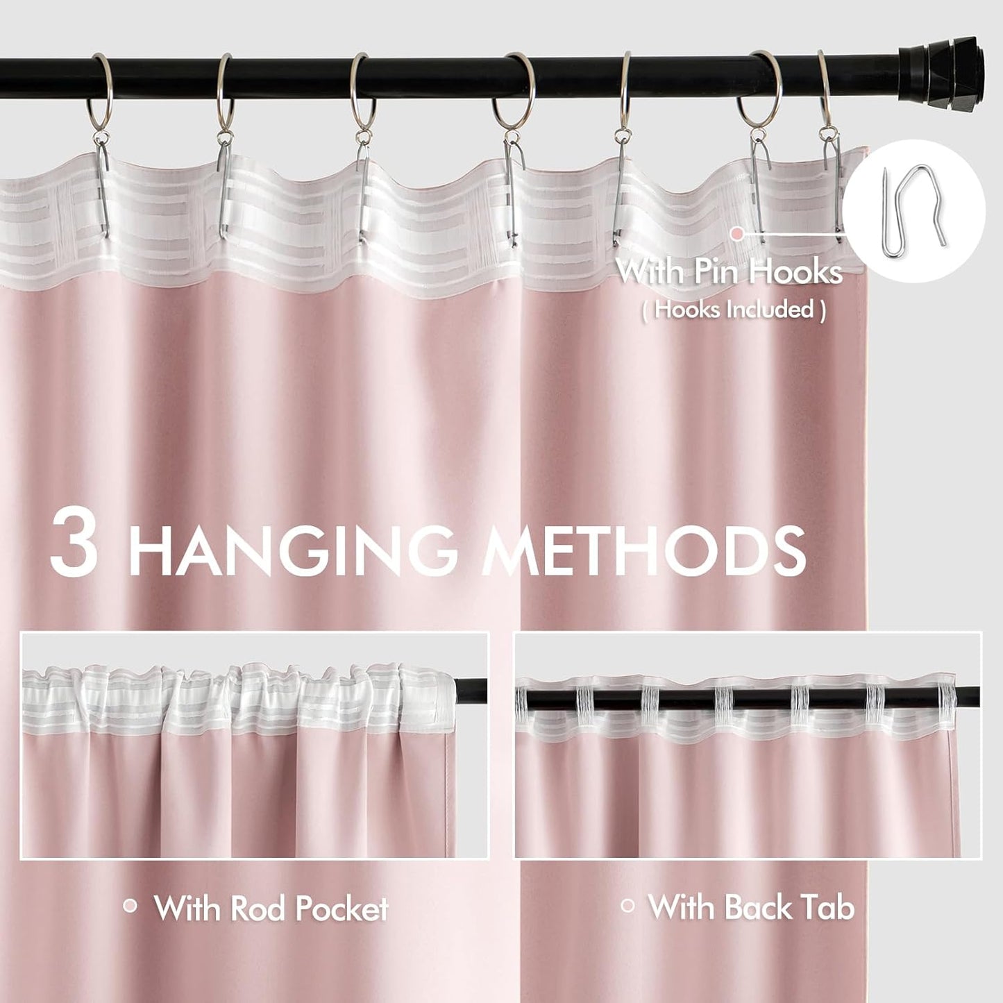 MIULEE Baby Pink Back Tab Blackout Curtains 90 Inch Long 2 Panels Set for Living Room Bedroom Privacy, Rod Pocket/Pinch Pleated Thermal Insulated Room Darkening Light Blocking Curtain, 52 x 90 Inch