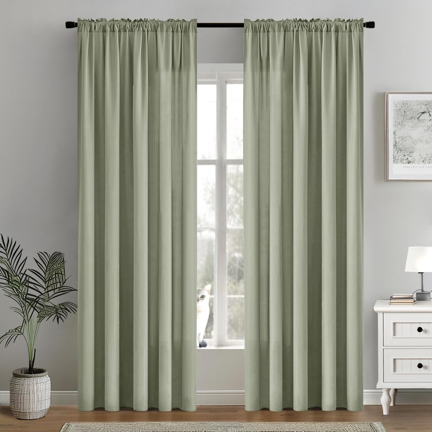 MIULEE Sage Green Privacy Sheer Curtains That Let Light in 90 Inches Long Non-See-Through Semi Sheer Curtain Light Filtering Window Curtains Drapes for Living Room Bedroom 2 Panels Set 42 X 90