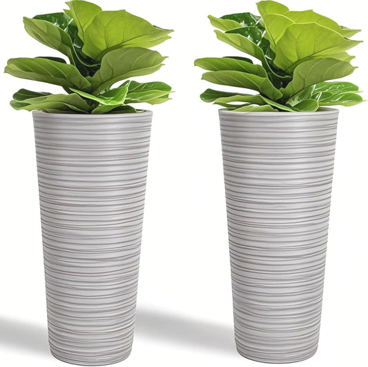 GreenShip 27" Tall Planters, Set of 2 – Black Outdoor Planter for Front Porch & Tall Plants, Weather-Resistant, with Drainage Hole & Rubber Plug (No Plants Included) (Light Gray)