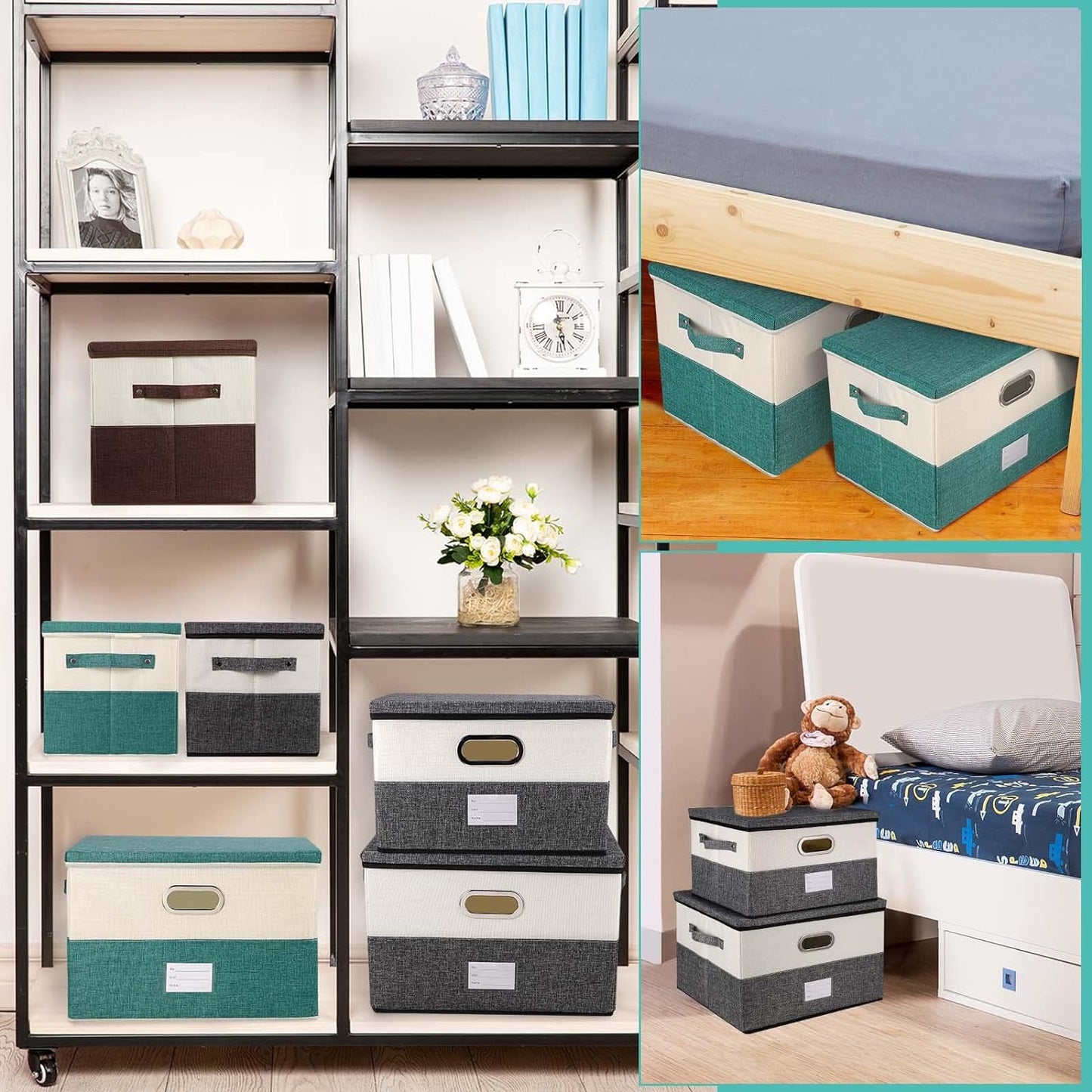 Large Linen Fabric Foldable Storage Bins with Removable Lid and Handles, Washable Storage Box Organizer Containers Baskets Cube with Cover for Bedroom,Office (Coffee&Cream, Medium(2-Pack))