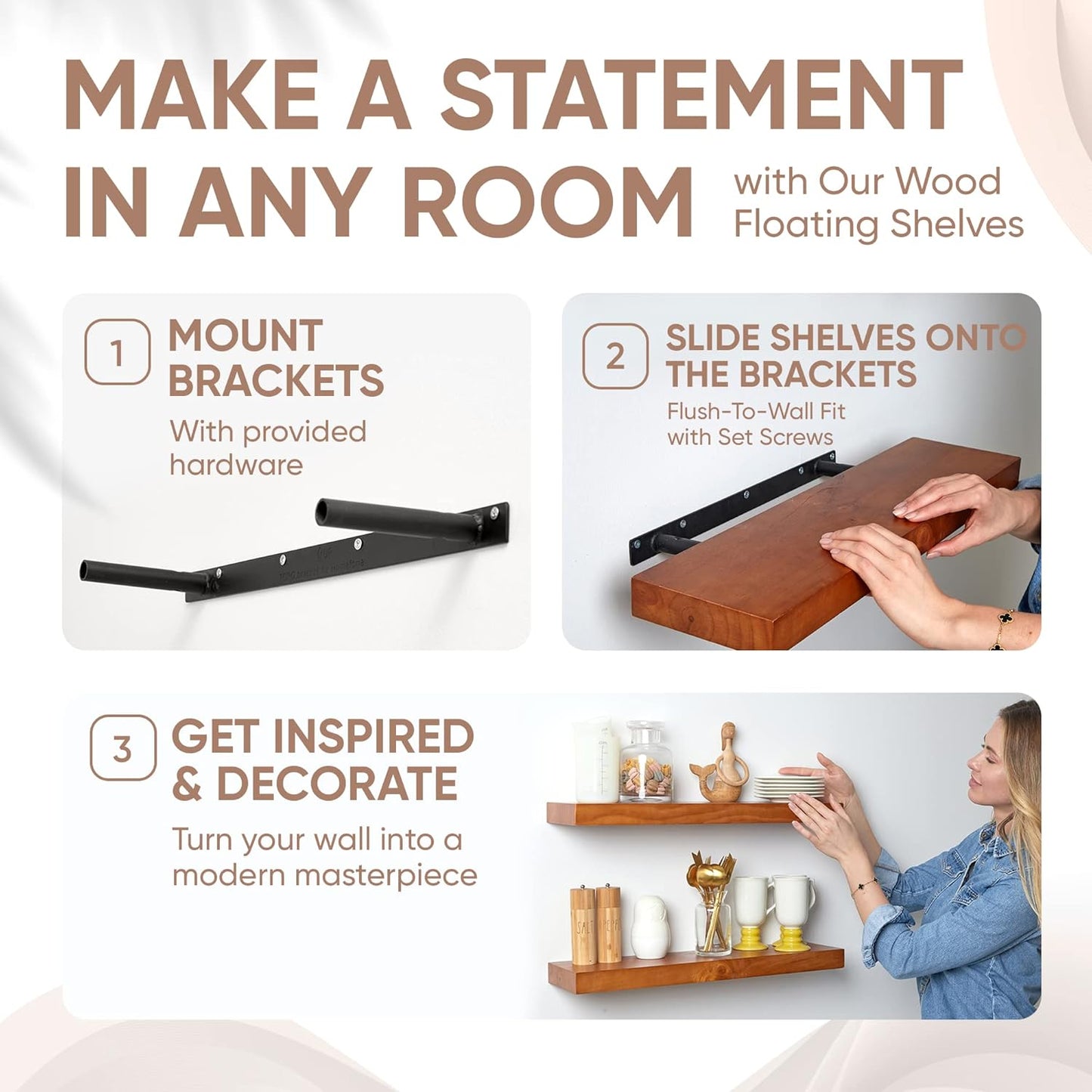 Homeforia 24inch Oak Floating Shelf for Wall, High End Solid Real Wood 24 inches Long Floating Shelves for Bathroom, Honey Oak Wooden Floating Shelves, Heavy Duty Bracket, 24 X 6.5 X 1.75 in, Set of 3