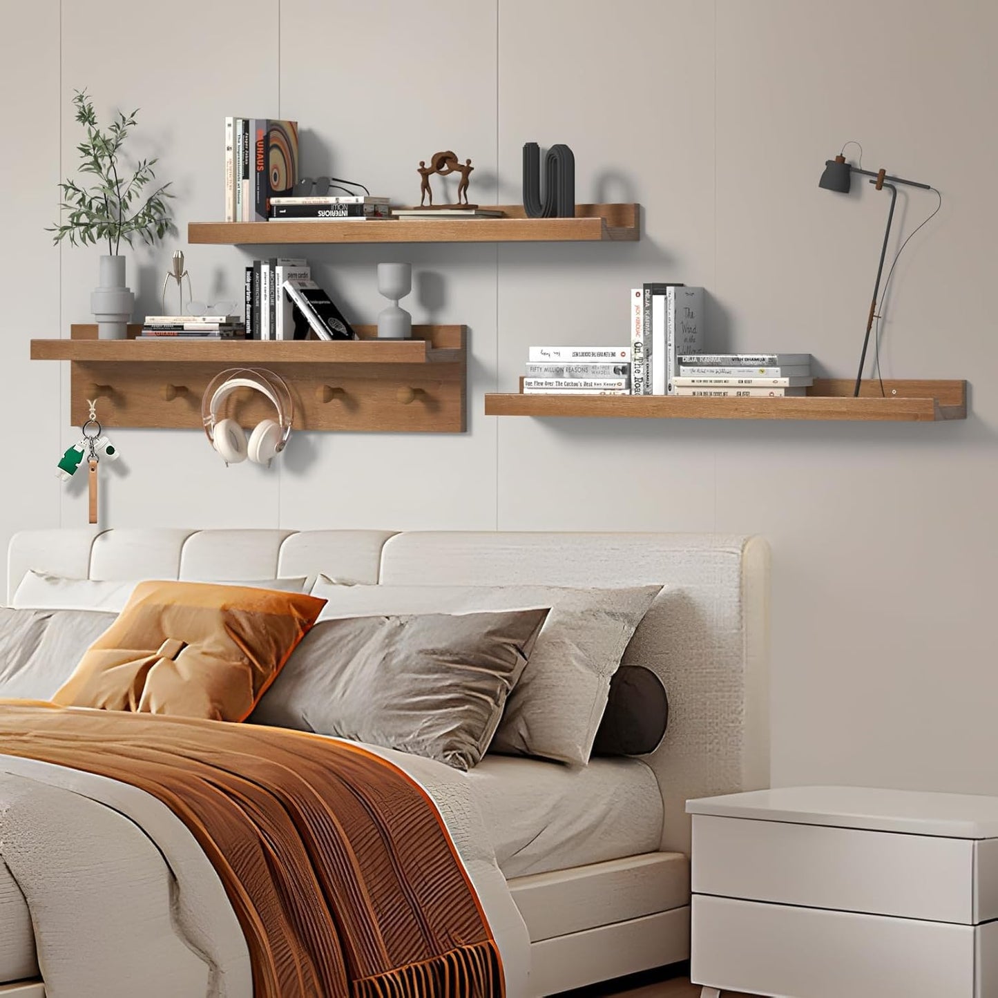 MBYD 24 Inch Floating Shelves, Picture Ledge Shelf, Natural Wood Wall Shelf, Nursery Book Shelves for Kids Room Decor with Hooks, Kitchen Bathroom Storage, Living Room Walnut