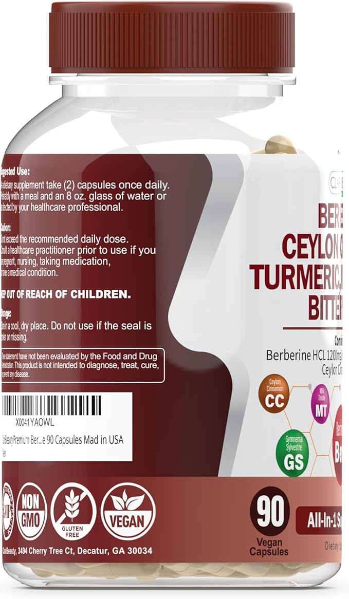 ClarinBeauty Premium Berberine 1200mg Ceylon Cinnamon 100mg Tumeric 50mg Milk 50mg Bitter 50mg Artichoke 50mg with 90 Capsules