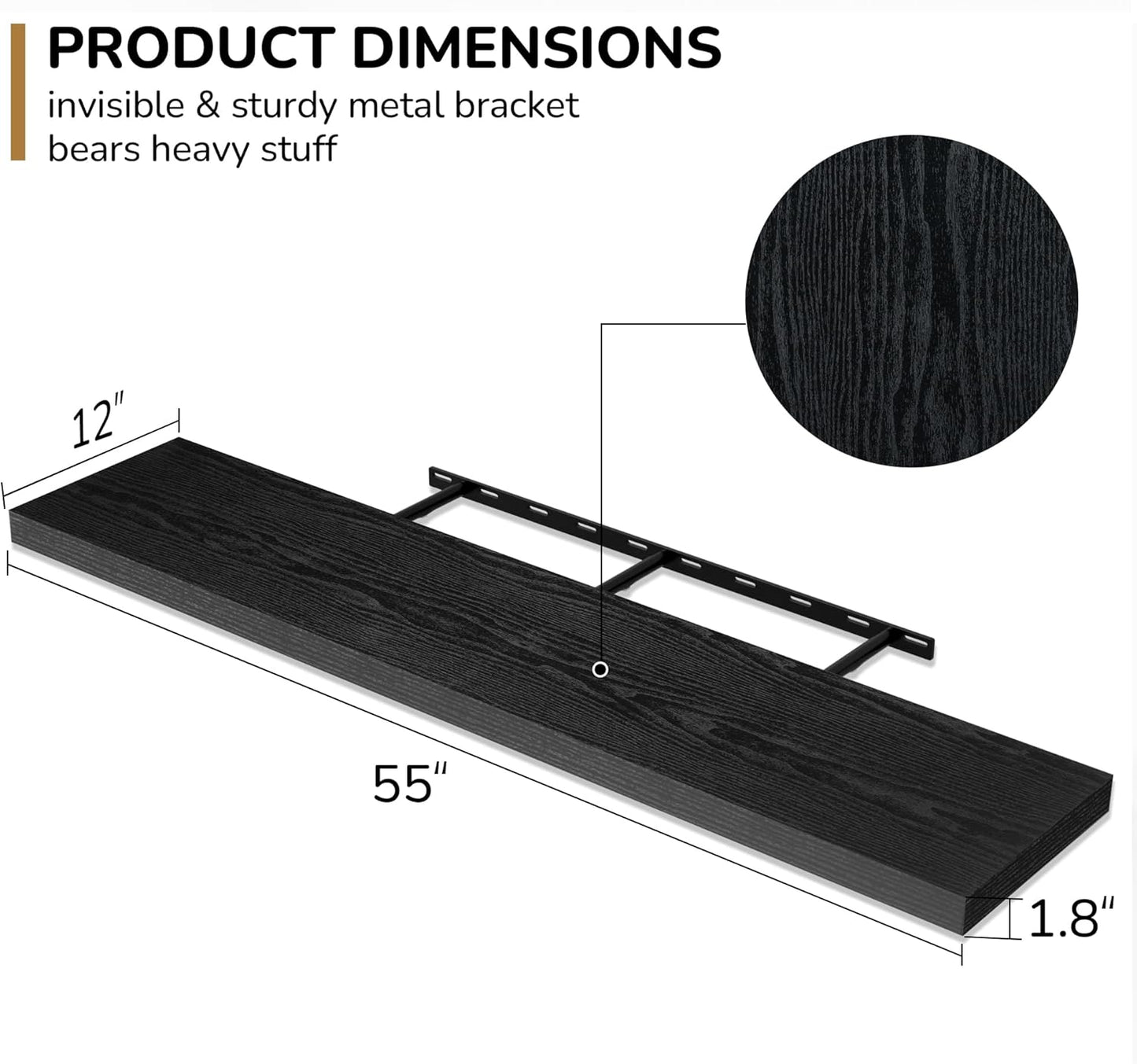 Fun Memories Floating Shelves - 12 Inch Rustic Wooden Wall Shelves - Extra Deeper & Thicker Wall Mounted Storage Shelf for Living Room, Kitchen, Farmhouse - 55" W x 12" D x 1.8" H - Rustic Black