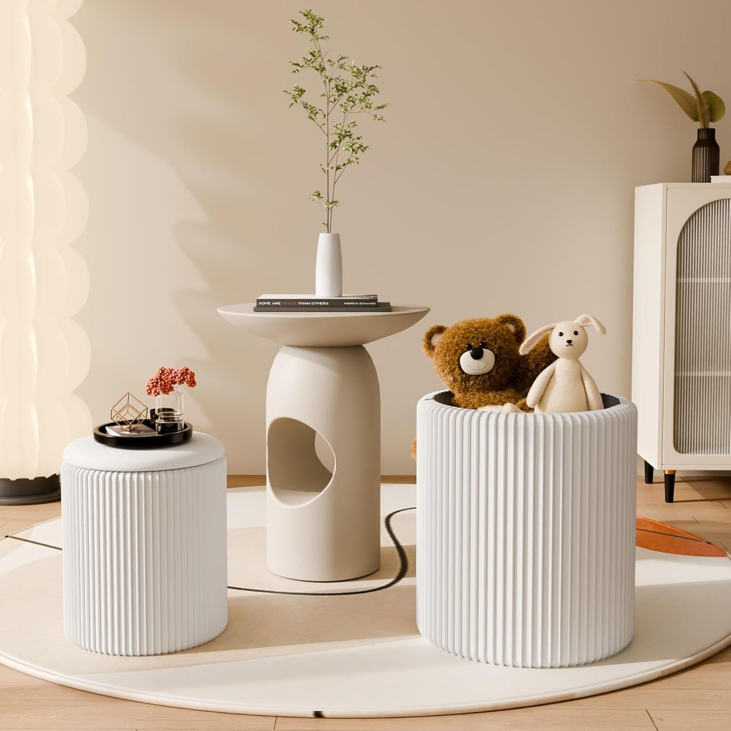 Ottoman with Storage Set of 2, Velvet Storage Ottoman, Upholstered Sponge Vanity Stool Support 300lbs, Multifunctional Coffee Table Foot Rest Ottomans for Living Room Bedroom, White