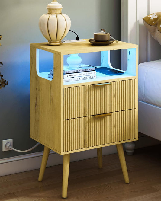 Nightstand with Charging Station and LED Lights,Modern Bedside Table with 2 Storage Drawer and Open Wood Shelf, for Bedroom and Small Spaces,Night Stand with Solid Wood Legs (Yellow Oak)