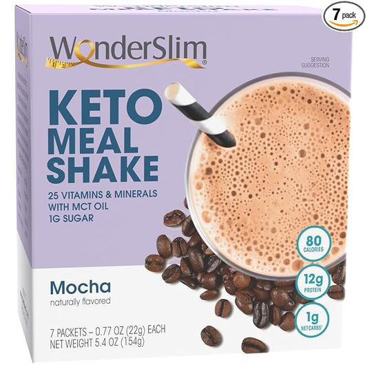 WonderSlim Keto Meal Replacement Shake, Mocha, C8 MCTs, 12g Protein, 25 Vitamins (7ct)
