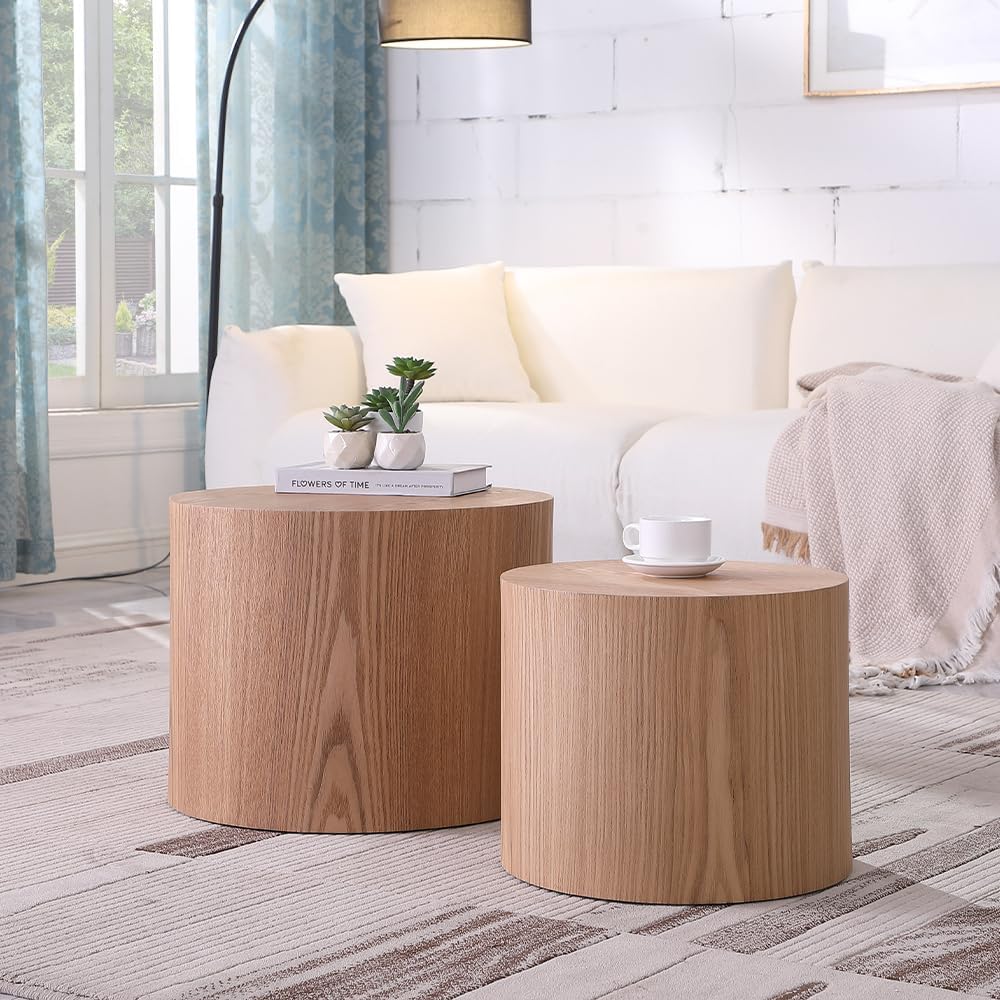 WILLIAMSPACE 18.9" Round Nesting Coffee Table Set of 2, Modern Wooden Coffee Tables Circle Side Table for Small Space, Accent End Table Set, No Assembling, Matte Oak