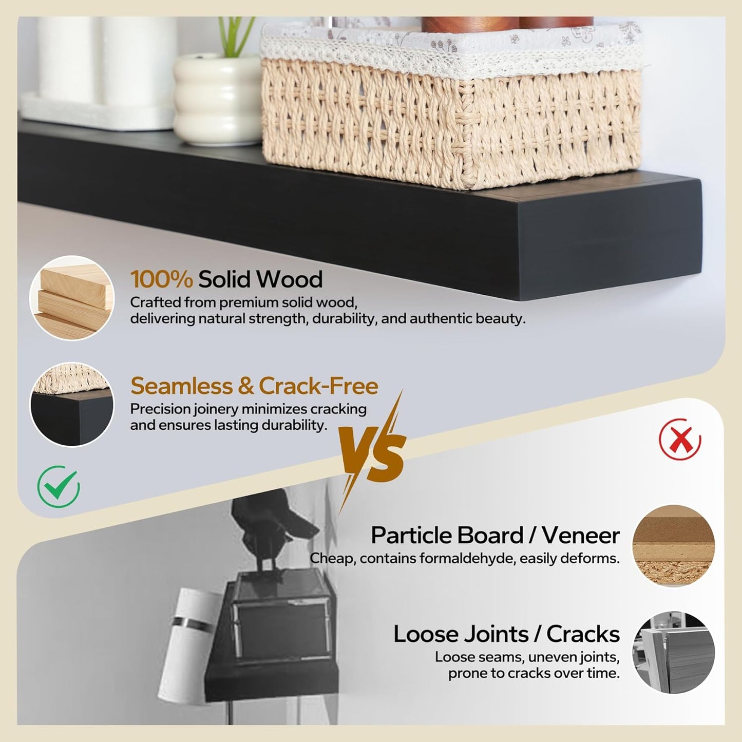 Floating Shelves 3 inch Thick for Wall Set of 2,Solid Pine Wood Wall Mount Shelf for Kitchen Living Room Bedroom Bathroom,8" D x 60" L x 3" H-Black