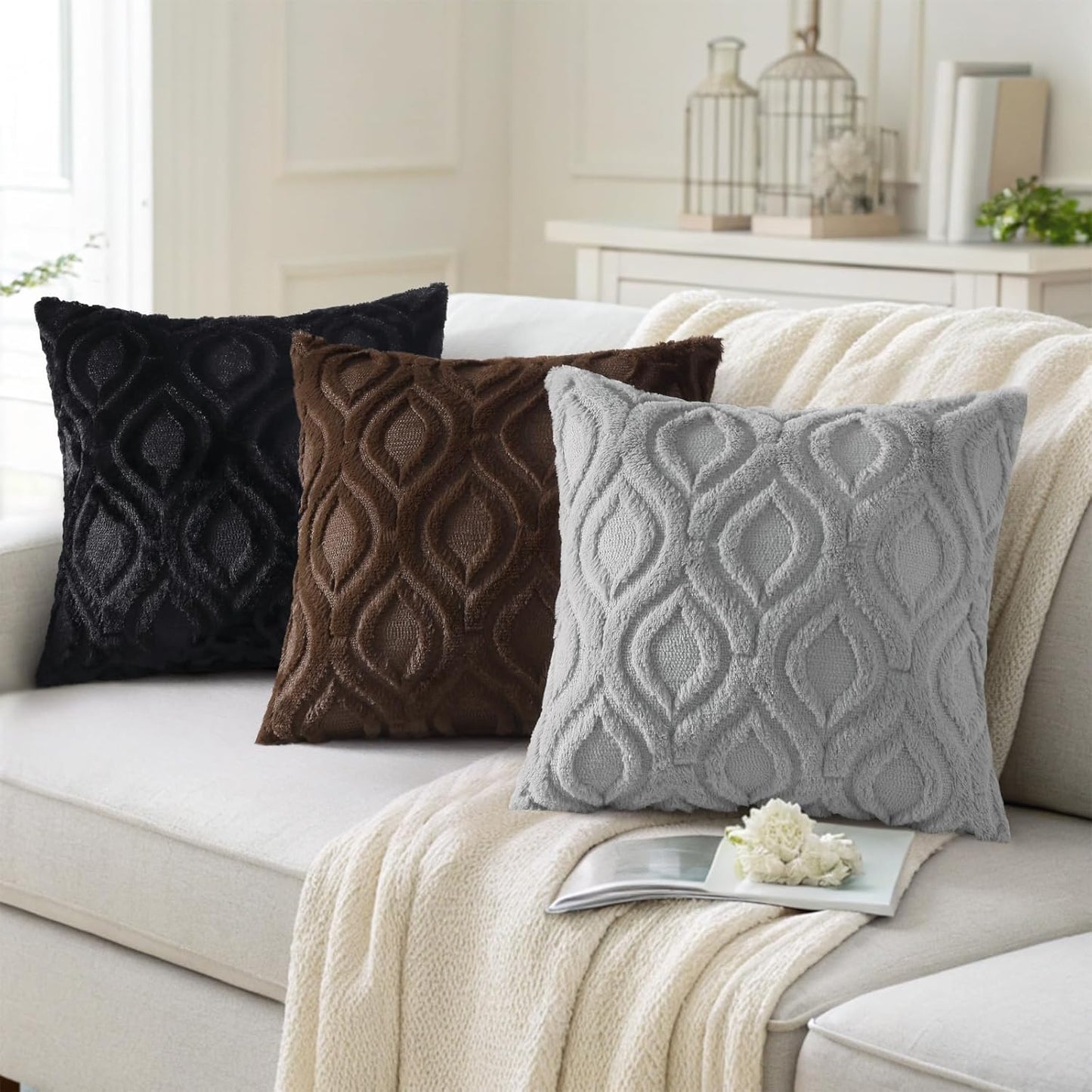 decorUhome Throw Pillow Covers 22x22 Inch Set of 2, Soft Plush Decorative Faux Fur Dark Brown Solid Couch Pillow Covers, Accent Farmhouse Neutral Square Euro Pillow Cases for Sofa Bed Living Room