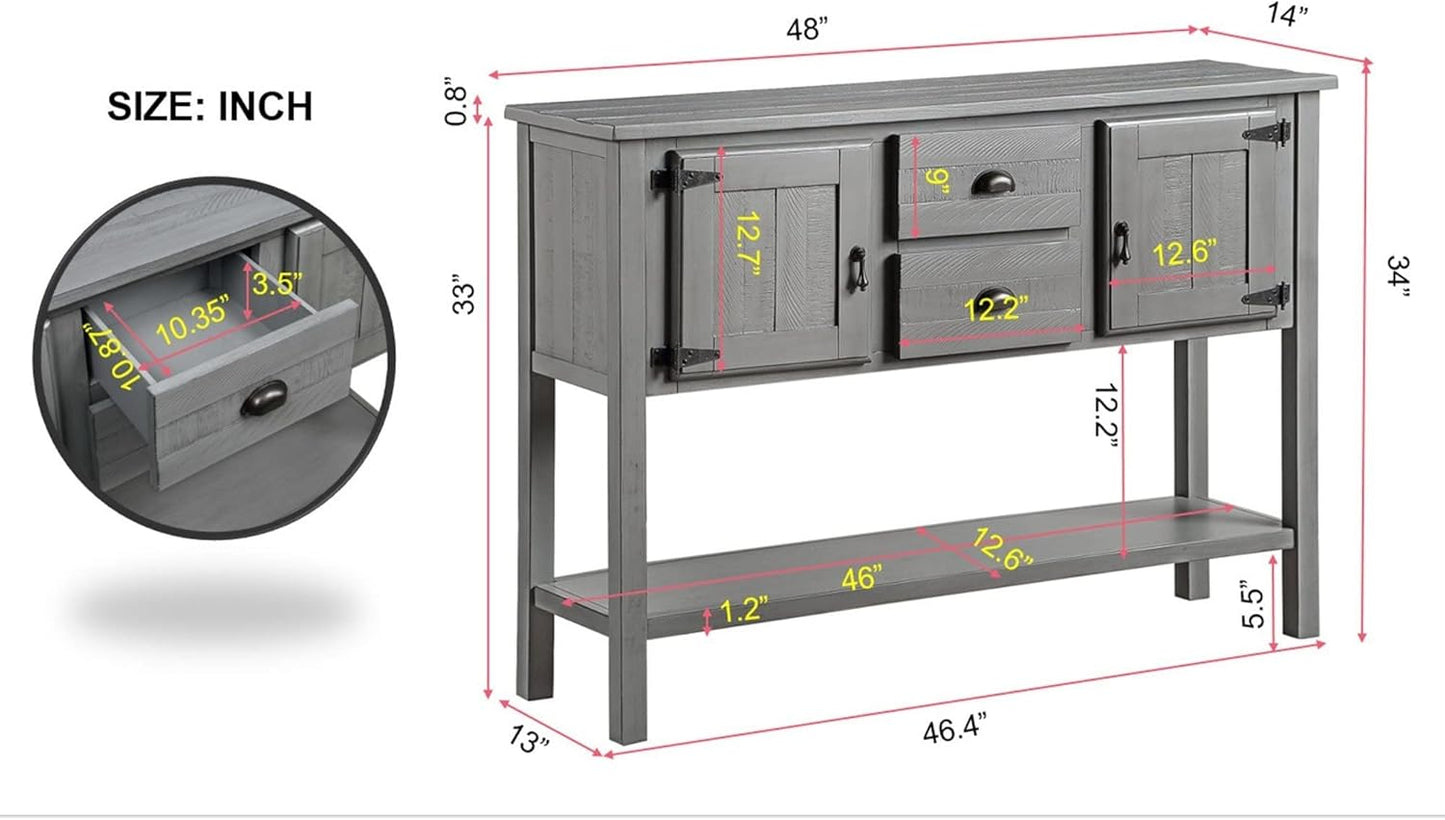 Solid Wood Farmhouse Console Table Sofa Table with Storage Drawers and Shelves for Storage Entry Hallway Foyer Sofa Side Table(48" Gray)