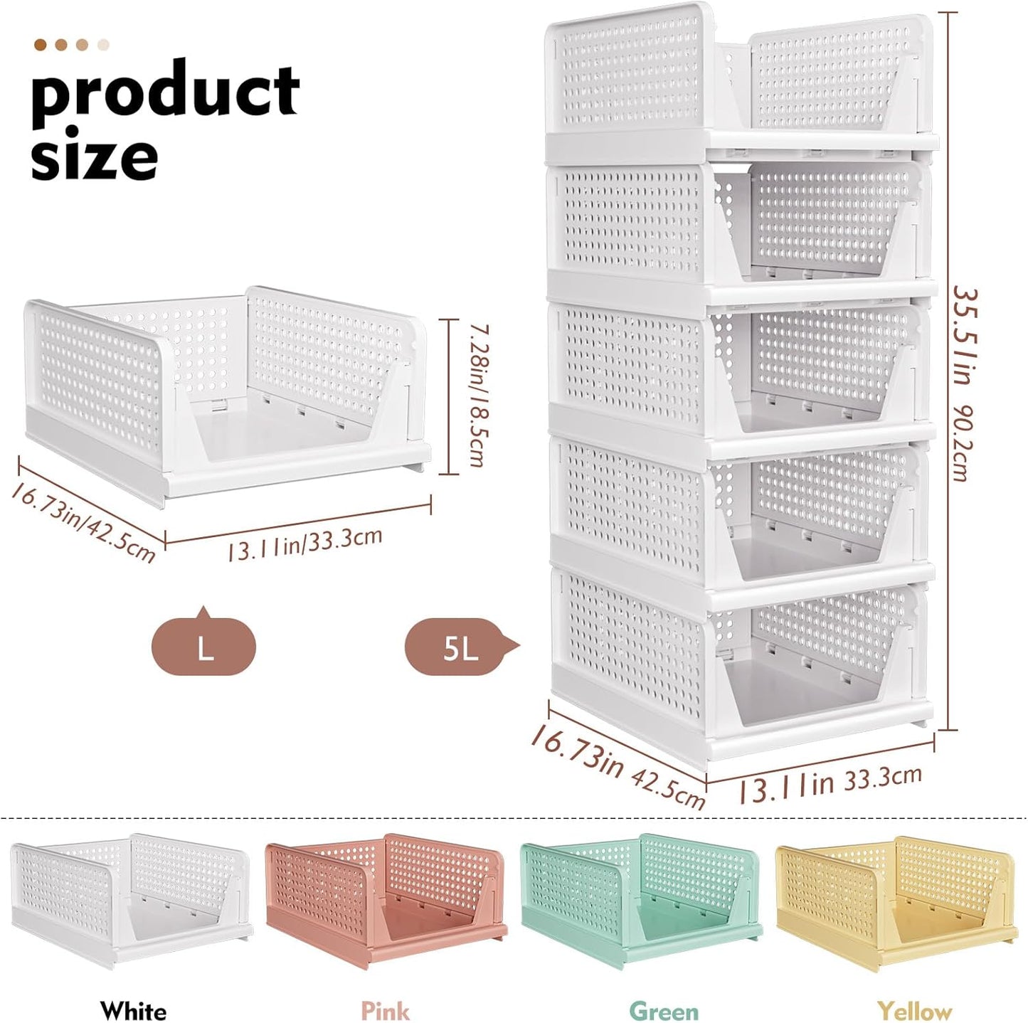SNSLXH 5 Pack Stackable Closet Storage Basket, Multifunctional & Foldable Closet Organizer for Bathroom Kitchen Laundry Room Wardrobe Storage, Space-Saving Clothes Storage Drawer Organizer, White