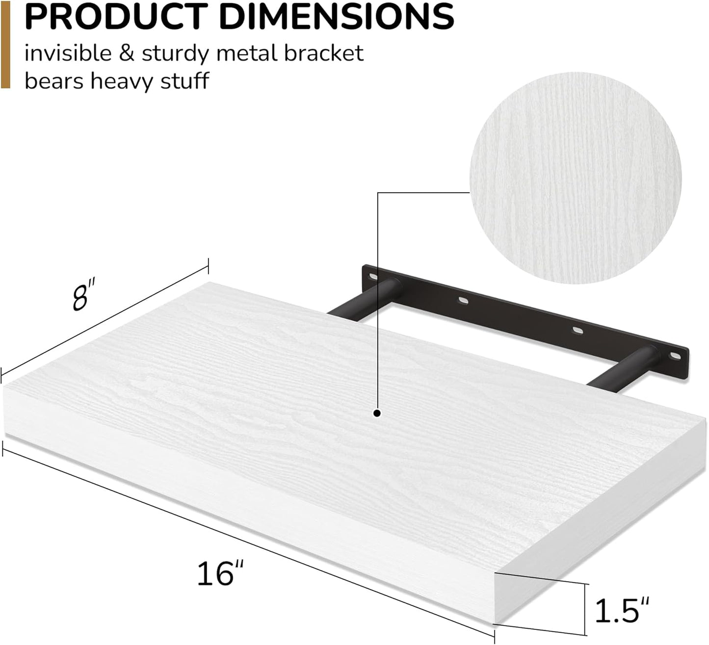 Fun Memories 16 Inch Floating Shelves - Deep Rustic White Wooden Wall Shelves - Extra Deeper & Thicker Wall Mounted Storage Shelf for Bedroom, Kitchen, Farmhouse - 2 Pack, Rustic White