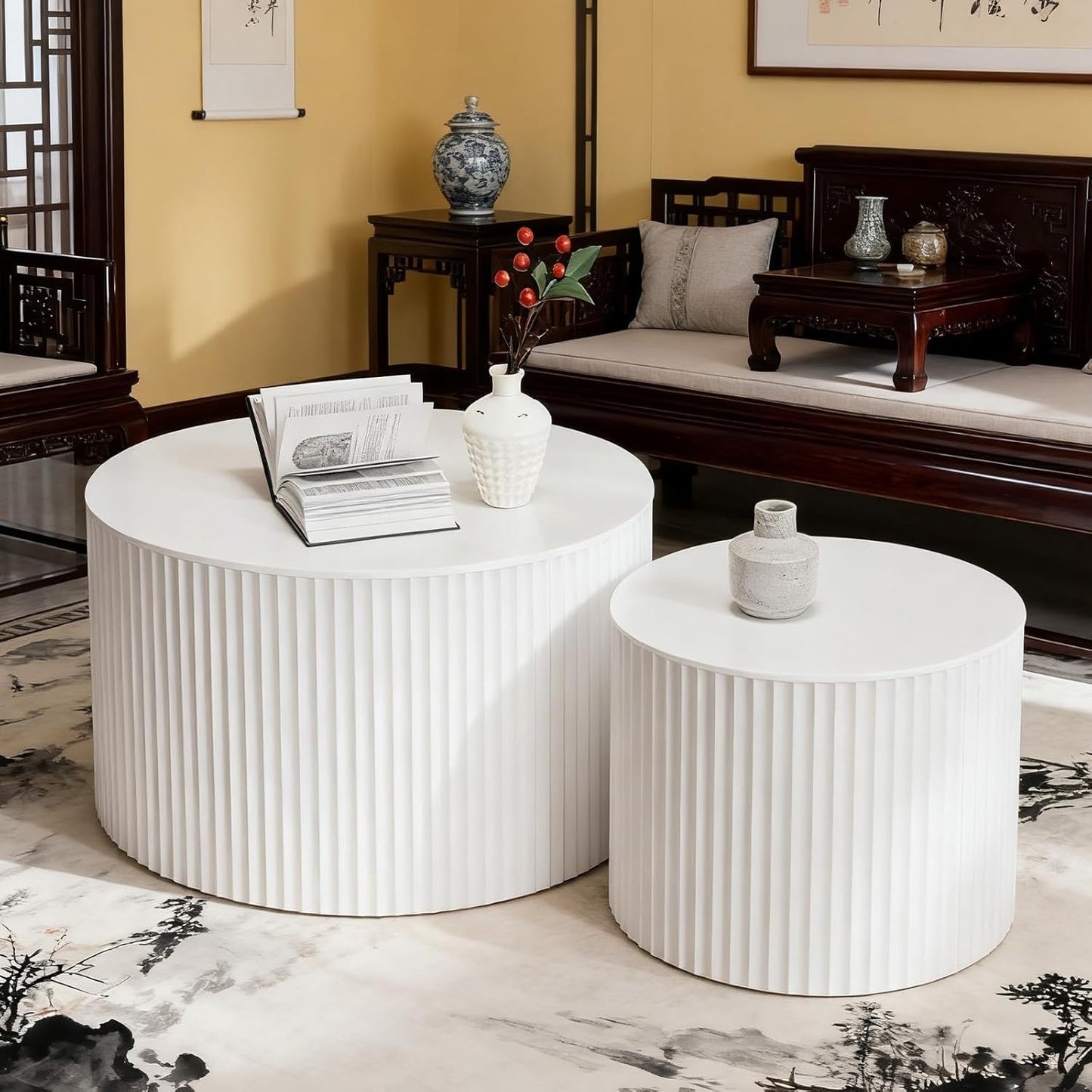 Round Nesting Coffee Table Set of 2 Small Round Coffee Tables for Living Room Modern Fluted Coffee Table Circular End Table Side Table for Small Spaces No Assembly (White B, 27 in)