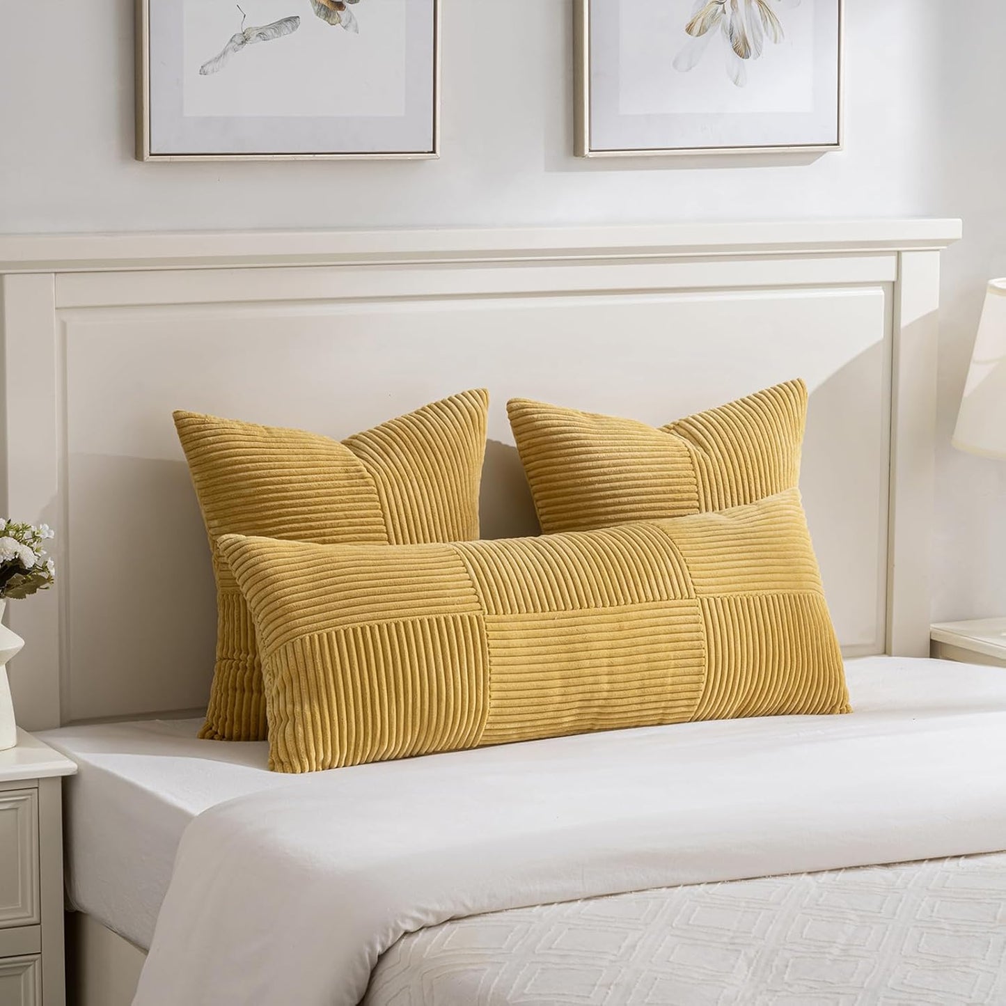 Fancy Homi 2 Packs Mustard Yellow Big Decorative Throw Pillow Covers 24x24 Inch for Living Room Couch Bed, Farmhouse Boho Home Decor, Soft Corss Corduroy Patchwork Accent Square Cushion Case 60x60 cm