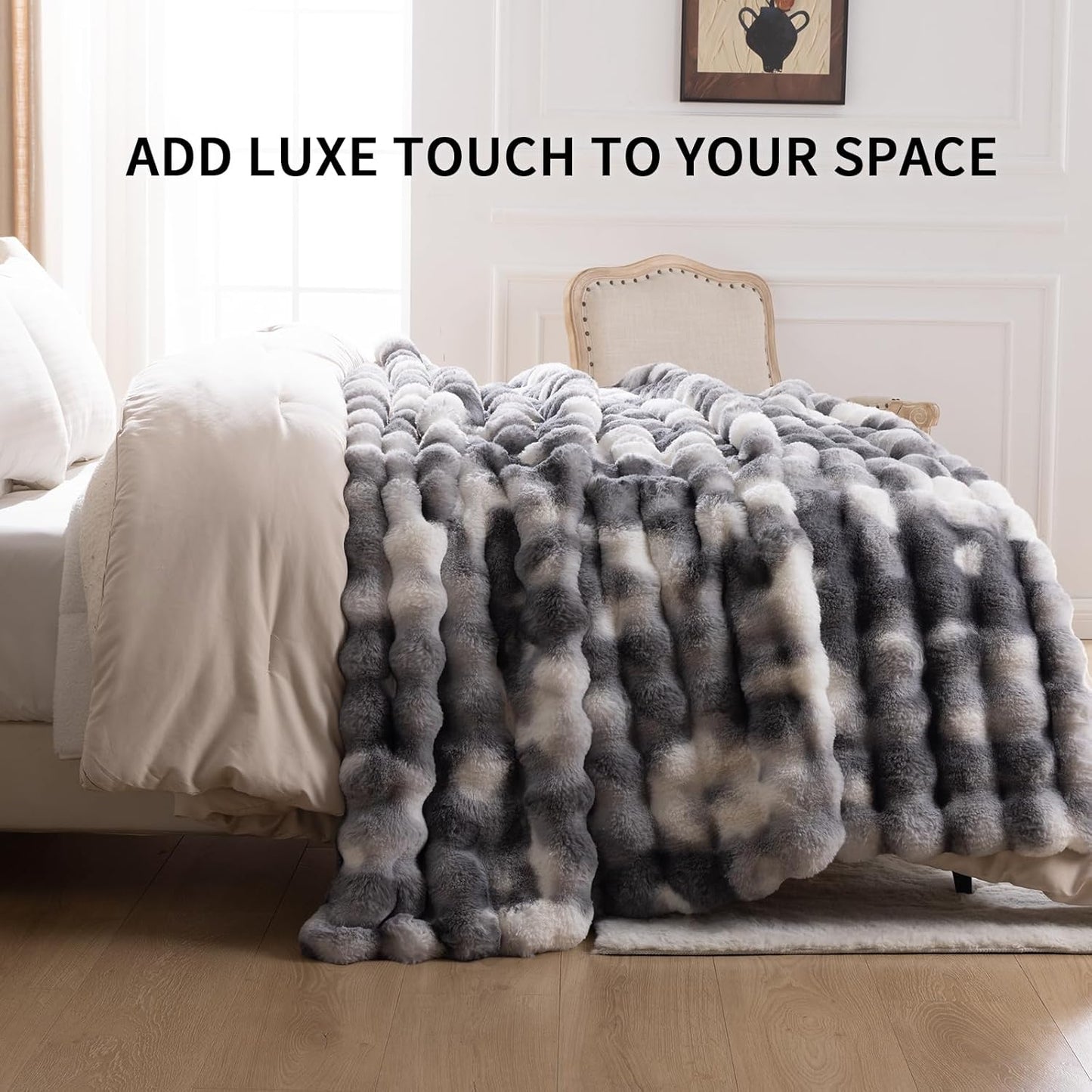 Cozy Faux Fur Throw Blanket for Bed Warm Fuzzy Throw Blanket, Soft Plush Thick Bubble Blankets for Bedroom and Living Room, Furry Luxury Blanket, 60 x 80,Tie-Dye Grey