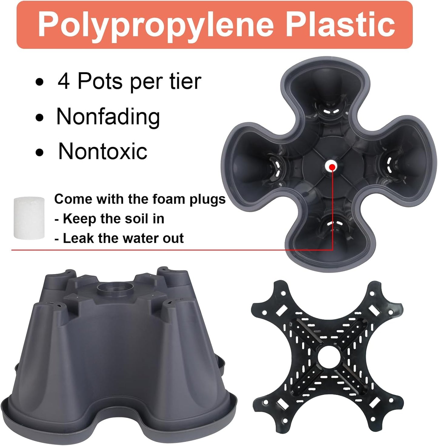 DUNCHATY Stackable Planter, Dark Gray, 5-Tier Garden Tower with Wheels, Self-Watering, Polypropylene Plastic, Indoor/Outdoor Use