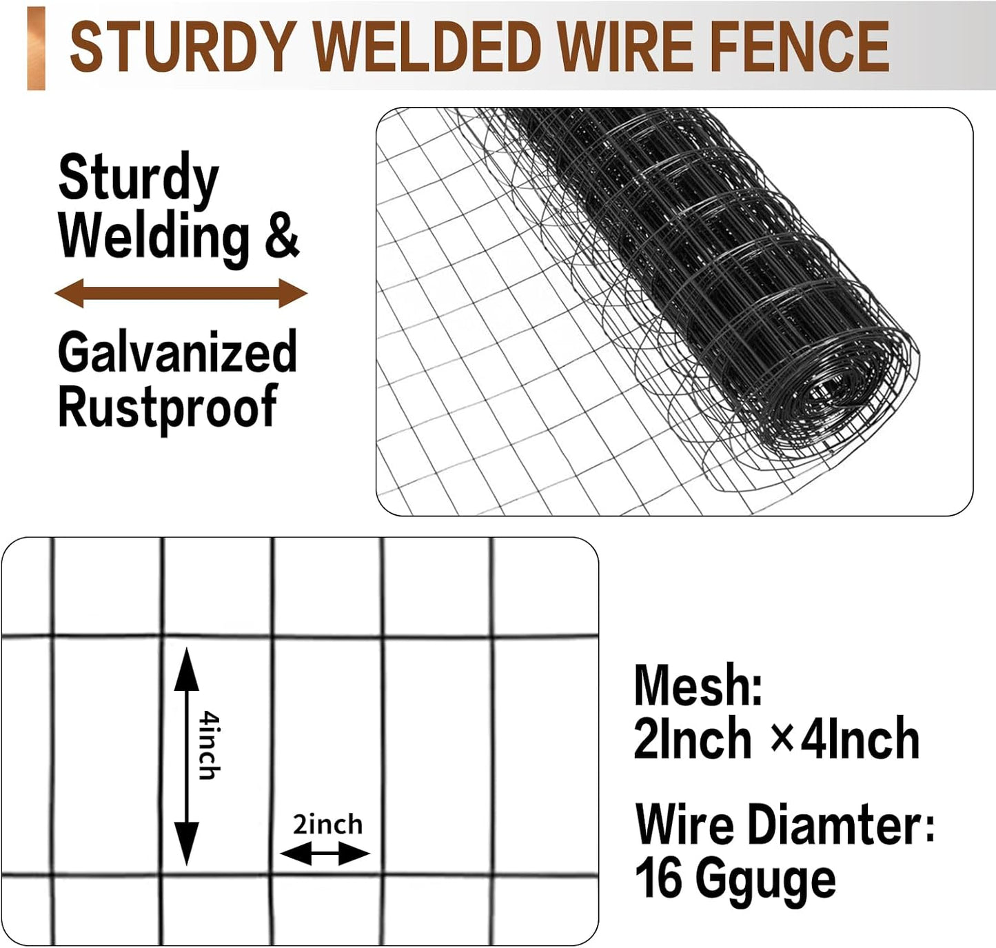Tongmo 3 ft x 100 ft Black PVC Coated Welded Wire Fence, 16GA Garden Chicken Wire Fence Roll, Mesh Size 2" x 4" Hardware Cloth, Ideal for Yard Protection and Poultry Netting