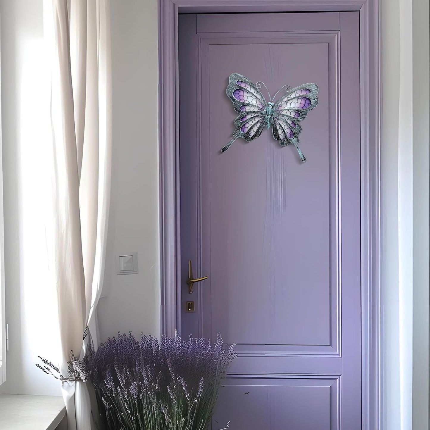 POXOHO Metal Butterfly Wall Decor - Purple Mosaic Glass Art Sculpture with Metal Frame, 11 Inch Hanging Garden Ornaments for Outdoor Fence, Patio Yard, Indoor Bedroom & Living Room Home Decoration