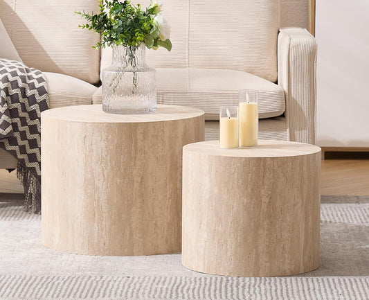 EALSON Nesting Coffee Table Set of 2 Modern Round Wood Coffee Table Circle Fluted End Tables Accent Tables for Small Space/Living Room/Bedroom, Travertine