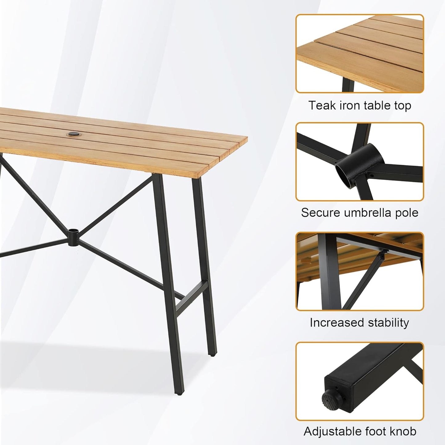 PHI VILLA 5 Piece Patio Bar Set, High Top Outdoor Dining Table and Chairs with Swivel Bar Stools (Gray) & Wood-Like Steel Rectangle Bar Table for Yard, Deck, Garden and Kitchen