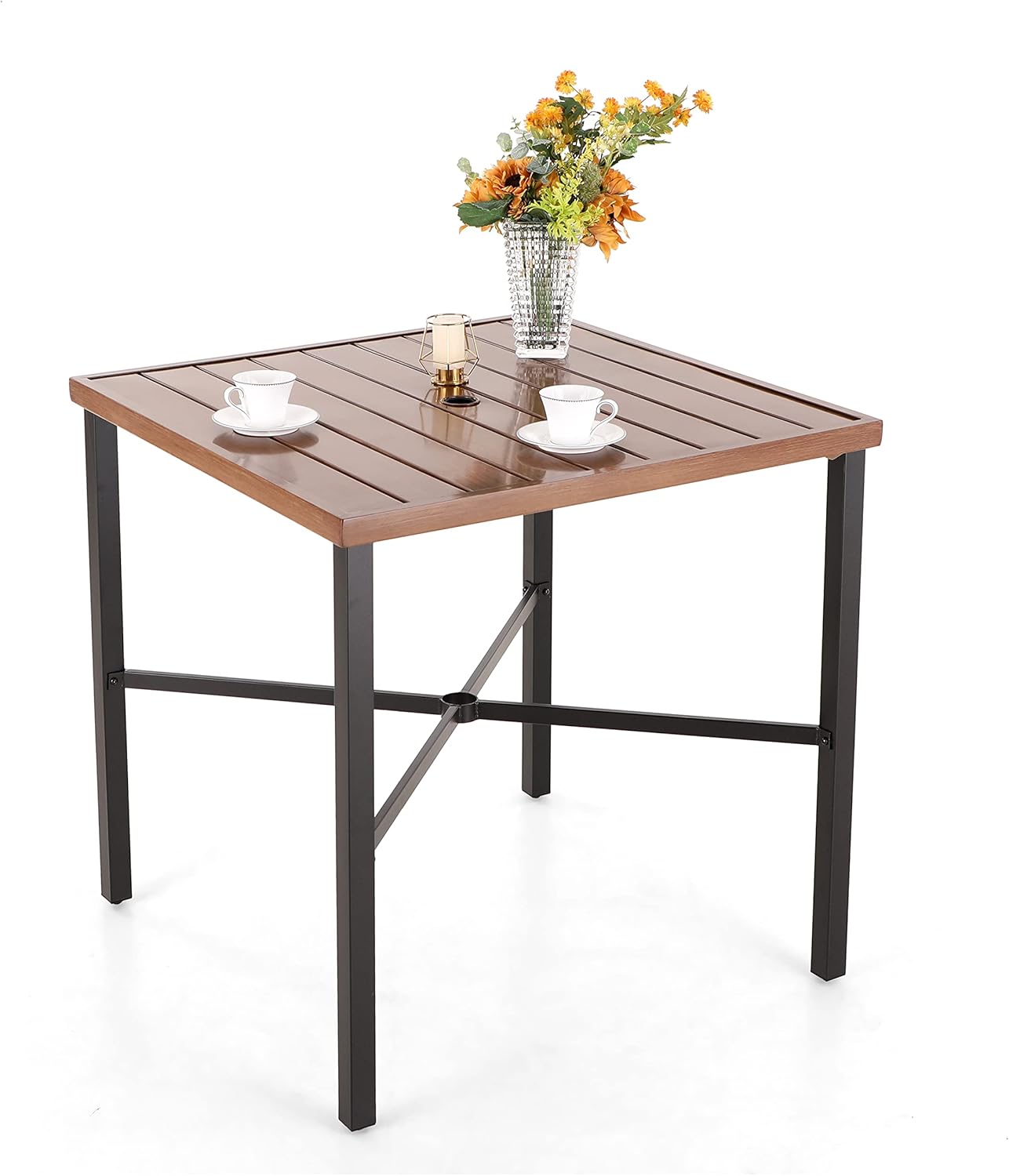 PHI VILLA 36"X36" Outdoor Metal Counter Height Table with 1.57" Umbrella Hole, Square Table with Teakwood-Brown Table Top and Black Table Legs for Outdoor and Indoor