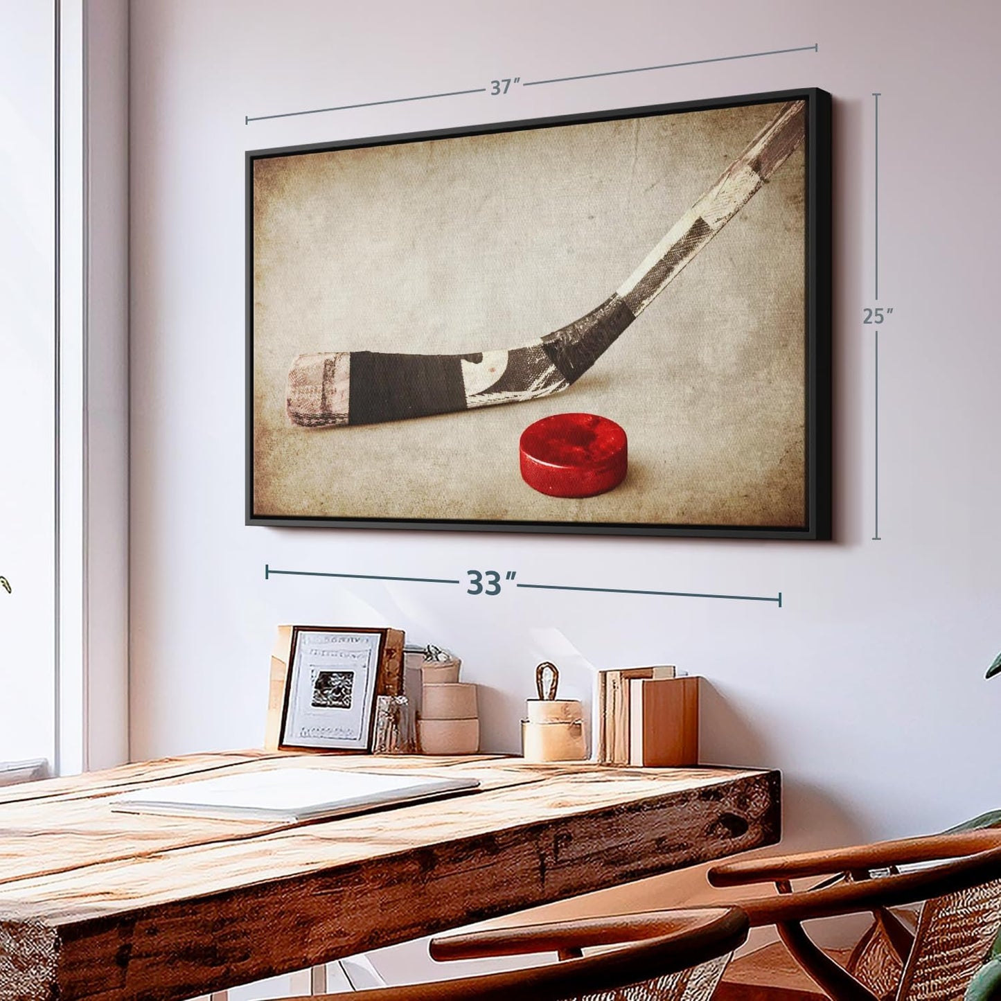 Elephant Stock Vintage Ice Hockey Wall Art - Horizontal Framed Canvas - 1-Piece Hallway Wall Decor - Photography Sports Canvas Print - Brown and Beige Decor for Wall - 37" X 25"