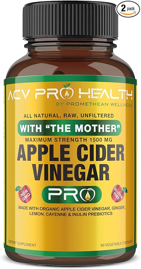 2-Pack ACV Pro Apple Cider Vinegar Capsules Certified Organic with Mother ACV Pills Detox Cleanse Acid Reflux Relief Support Supplement Ginger Root Cayenne Pepper Powder
