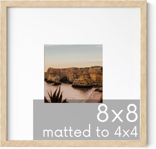 HAUS AND HUES Solid Oak 8"x8" Picture Frame Matted to 4"x4" - 8x8 Square Frame With or Without Mat, 8x8 Wood Frame, Square Photo Frame, 8 x 8 Wood Picture Frame (Beige Oak)