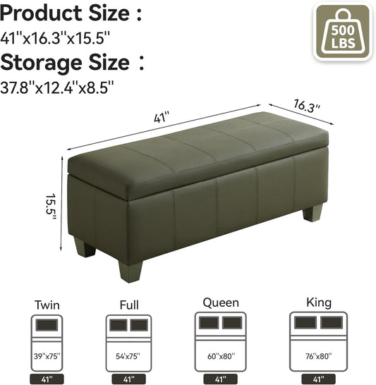 41" Faux Leather Storage Ottoman, Stitch Tufted Rectangle Upholstered End of Bed Storage Bench, Entryway Large Couch Ottoman with Wooden Legs,Green