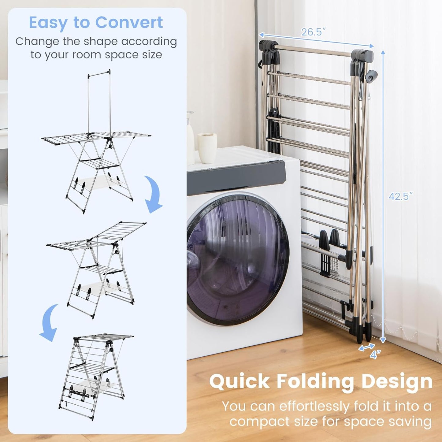 Giantex Clothes Drying Rack, Foldable Laundry Drying Rack with with 6-Level Adjustable Height, High Hanger Design, Side Clips, Space Saving Collapsible Laundry Drying Rack