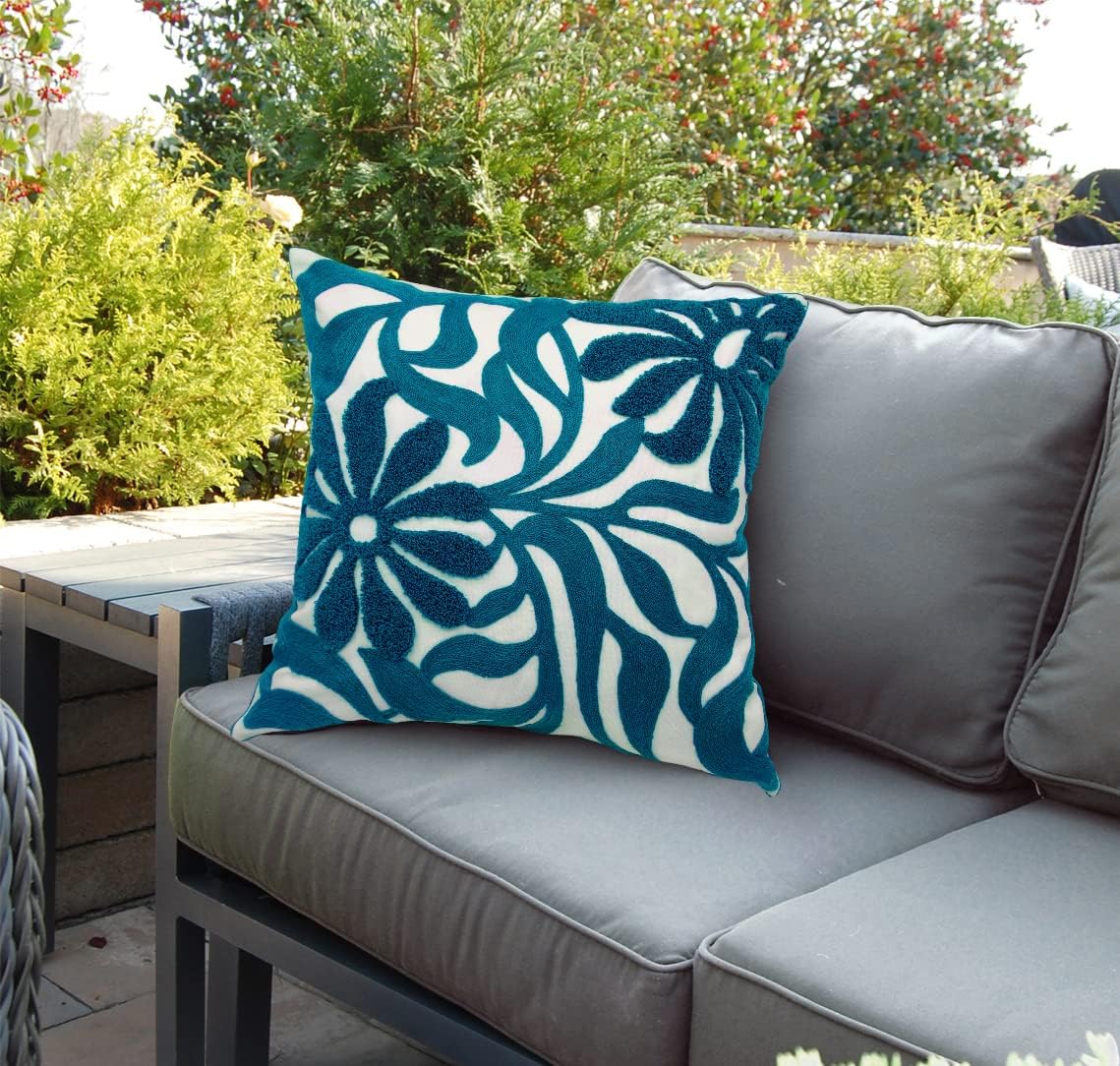 Alysheer Farmhouse Floral Leaves Embroidered Decorative Throw Pillow Cover 18x18 inches, Boho Tufted Flowers Embroidery Pattern Chic Cotton Cushion Case for Couch Bed Sofa Living Room(Teal Blue)