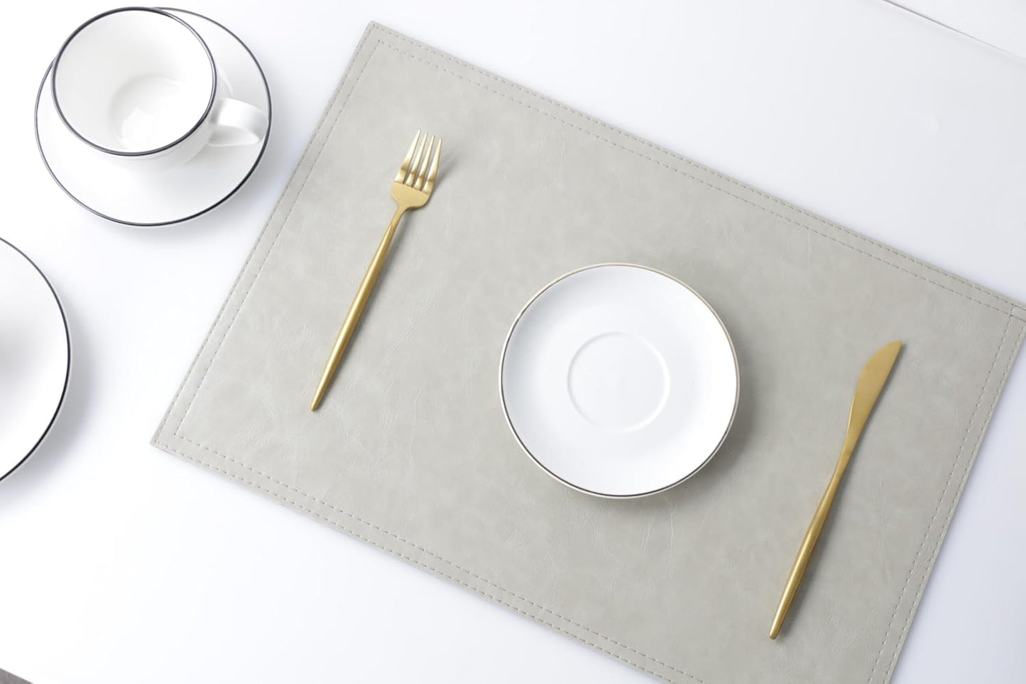 Waterproof PU Placemats,Set of 8, Faux Leather Dining Table Mat, Easy to Wipe Off Scrub Vinyl Mat, Heat & Stain Resistant for Office Conference Table, Home Decor G Parchment White