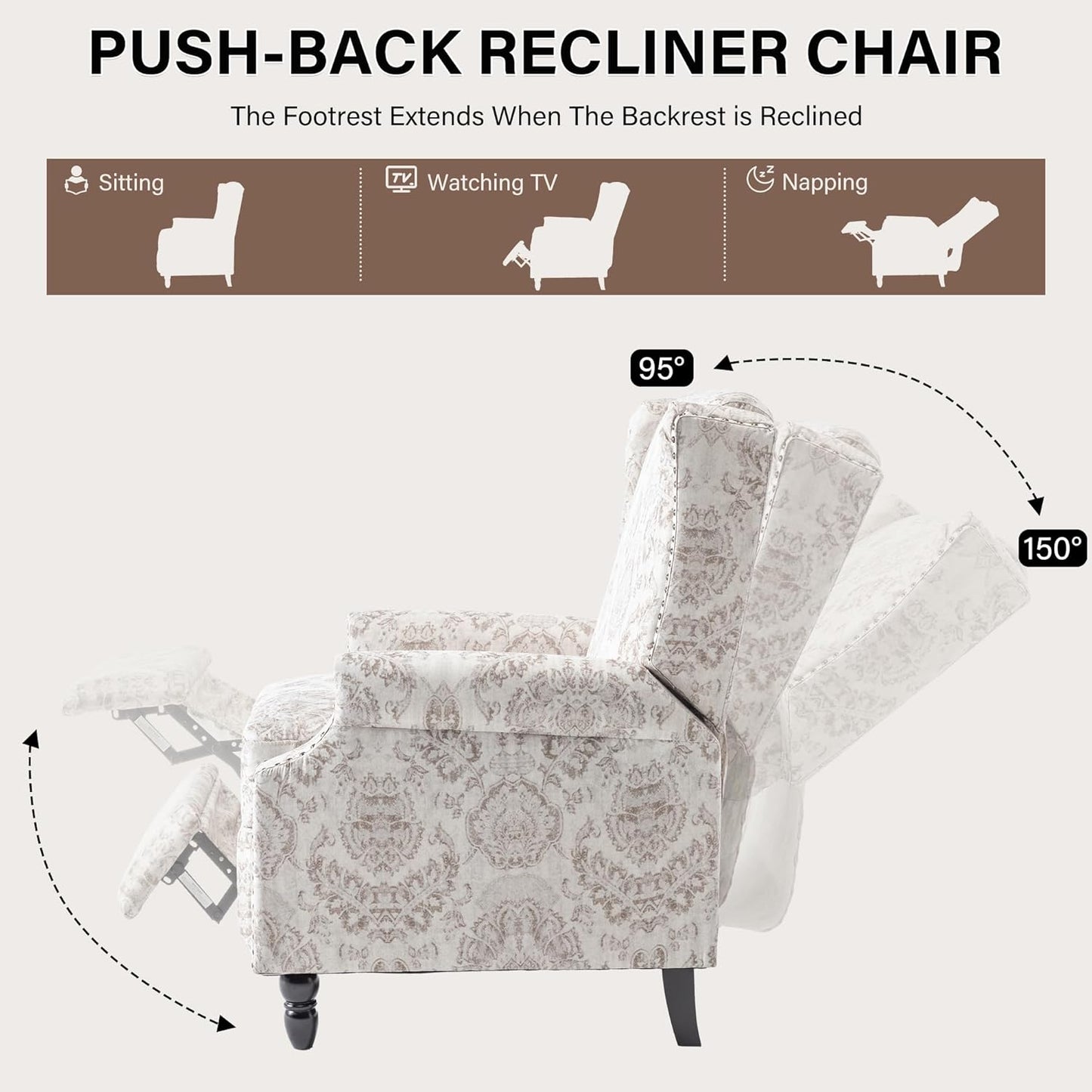 UIXE Recliner Chairs Set of 2, Fabric Upholstered Armchair Pushback Accent Chair for Living Room, Floral Rivet Trim Club Chair Home Theater Single Sofa Bedroom Side Reading Seat - Beige Pattern