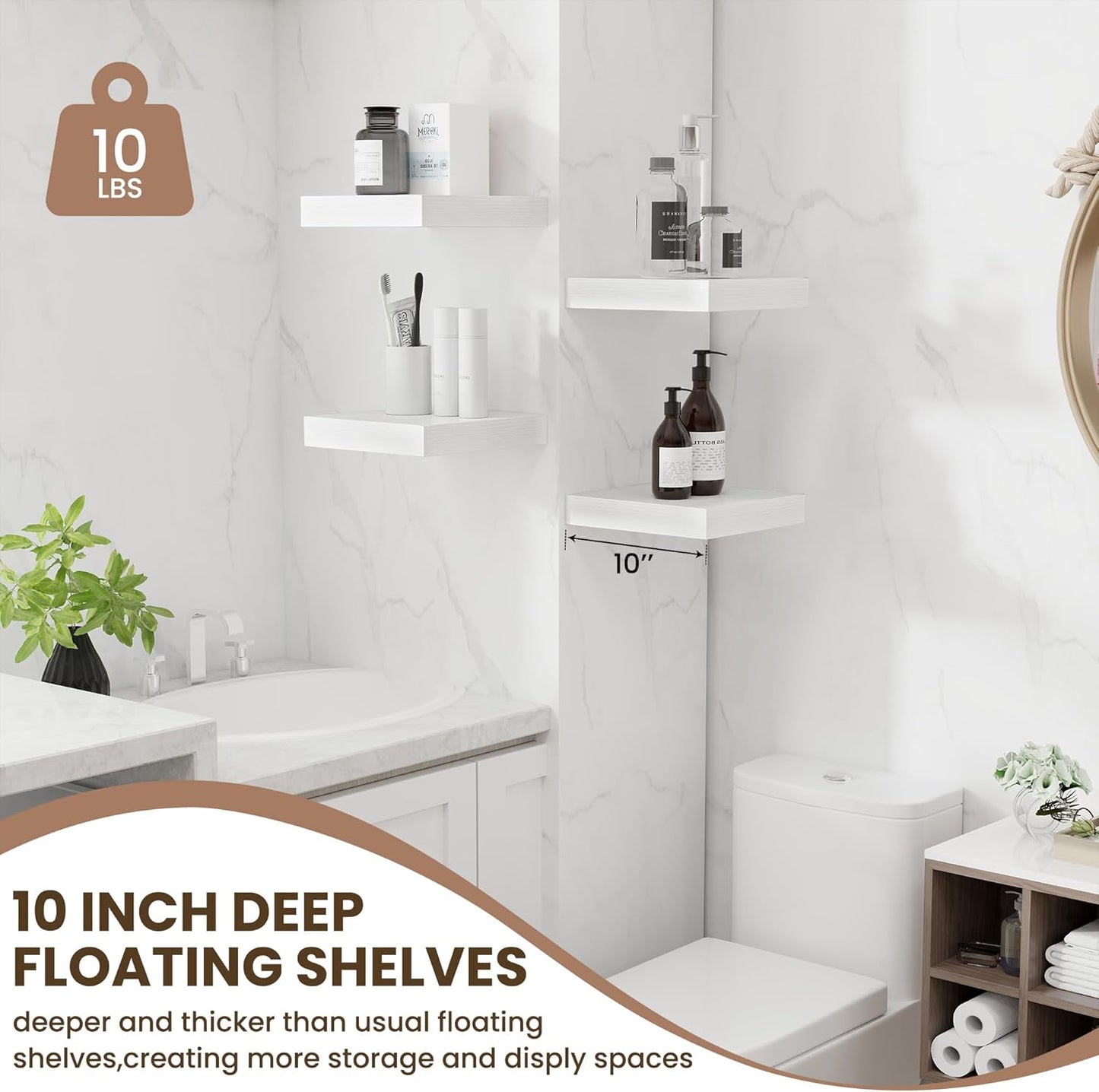 Fun Memories Floating Shelves for Wall 10 Inch, 10 Inch Deep Square Wall Shelves, Bathroom Storage Shelves Over Toilet, Wood Floating Shelves for Living Room Bedroom, White, Set of 2