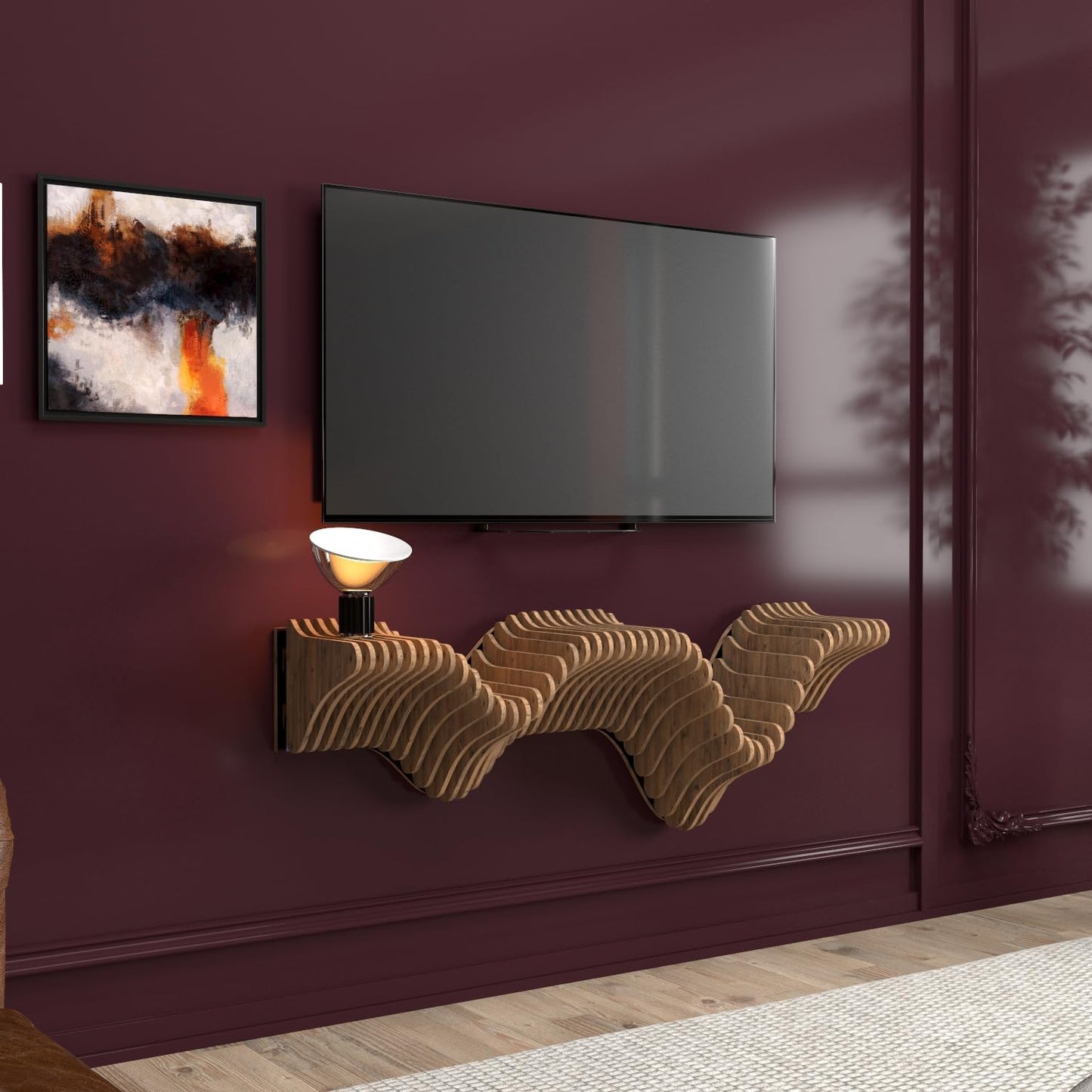 Parametric 40 inch Floating Shelf TV Unit Modern Geometric Wooden Wall Piece Decor Natural Oak Color 3D Wavy Living and Gaming Room Shelf