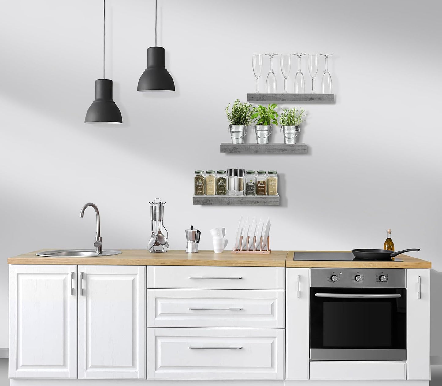 Sorbus Floating Shelves for Wall, Bathroom Shelves Wall Mounted for Kitchen, Bedroom, Bathroom Storage Over Toilet, Hanging Book Shelf for Wall Home Decor Living Room (Gray, 3 Pack)