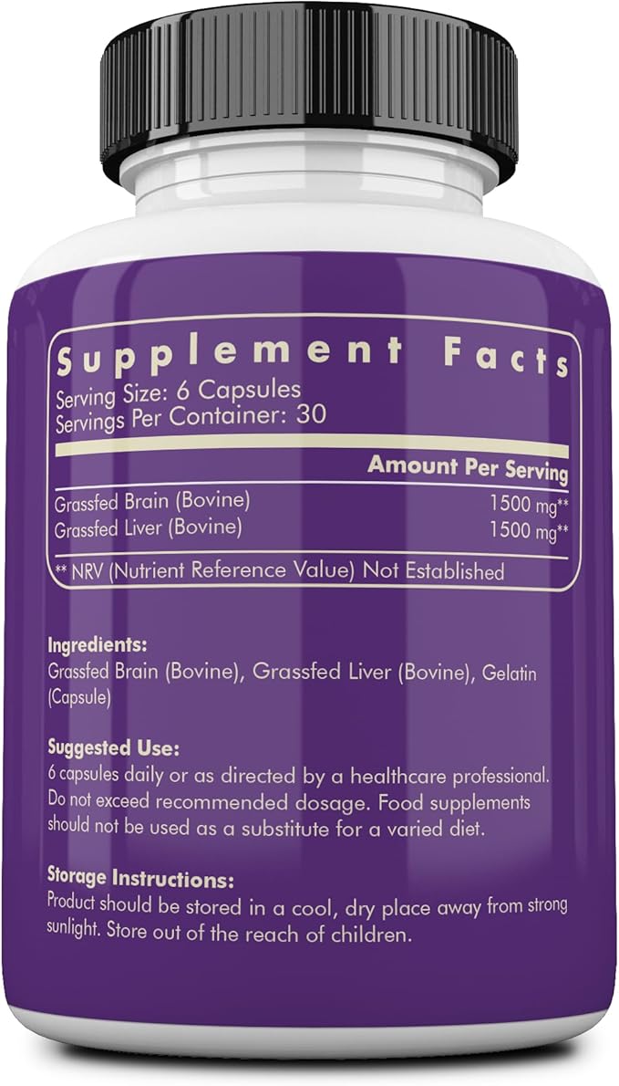 Ancestral Supplements Grass Fed Beef Brain Supplement with Beef Liver, Whole Food Brain Support Promotes Brain, Mood, and Memory Health, Brain and Liver Health Formula Capsules, Non-GMO, 180 Capsules