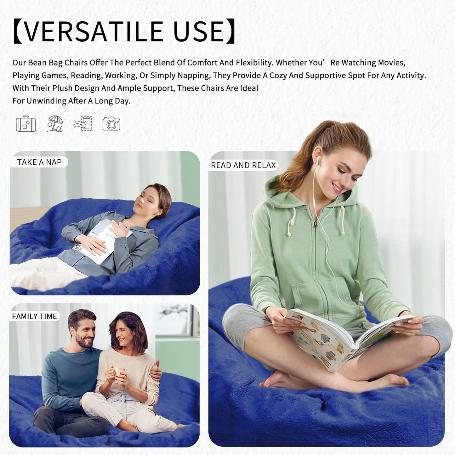 Bean Bag Chair for Adults 5FT,Soft Removable Cover for Teens/Girls Bedroom,Fluffy Giant Round Floor Beanbag Lounger Chairs (No Filler,Sapphire)