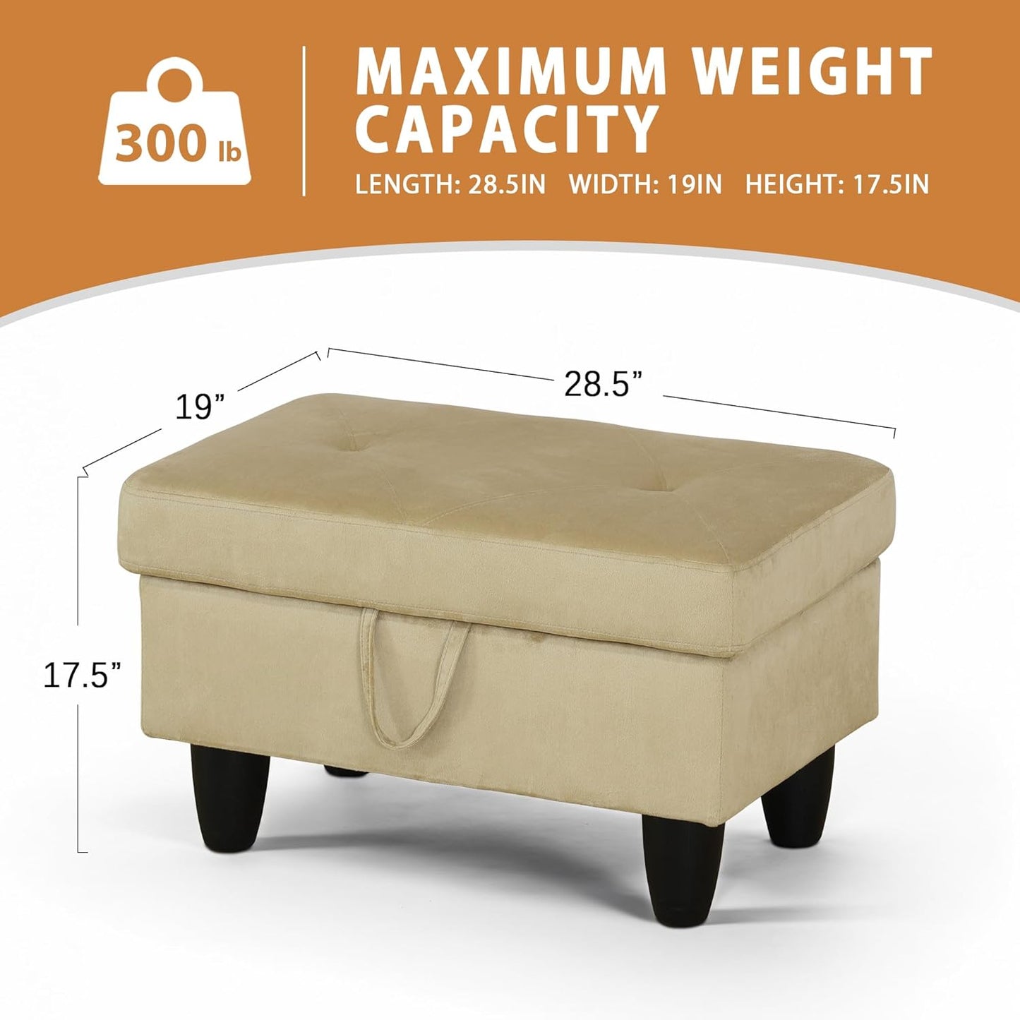 Ottoman Rectangular Storage Ottoman Bench, Flannel Footrest Stool Footstool with Lid for Living Room, Bedroom, Entryway, Light Brown, 28.5"x19"x17.5"