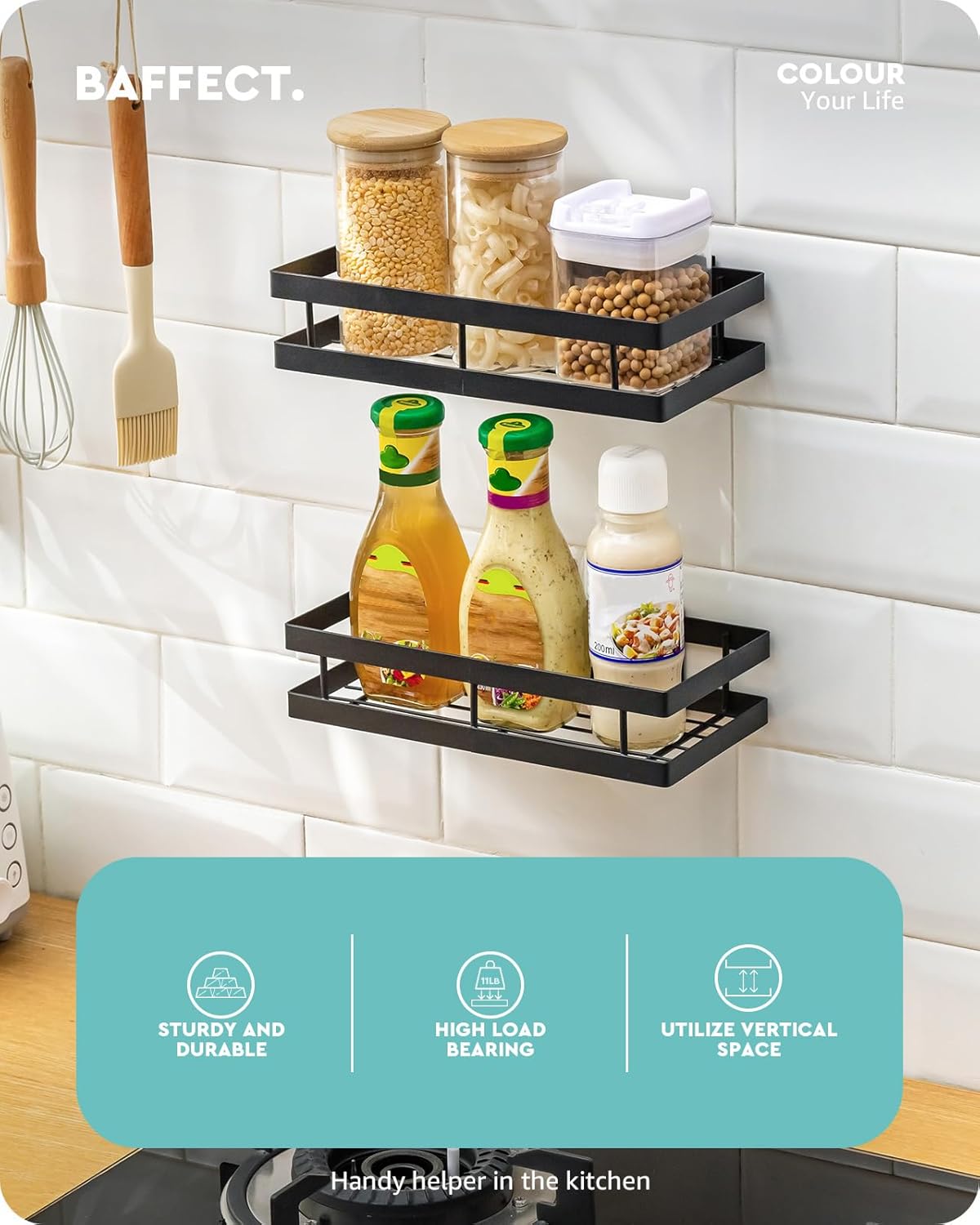 Metal Spice Rack Wall Mount Floating Shelves 2 Pack Black Storage organizer for Cabinet Door Pantry Kitchen Bathroom Supplies (13.7inches length)
