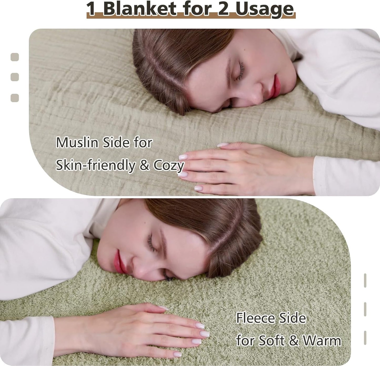 EMME Muslin and Fleece Twin Blanket Reversible - 60"*80" Sage Green Soft Warm Throw Blankets for Couch Bed Picnic Travel Bed