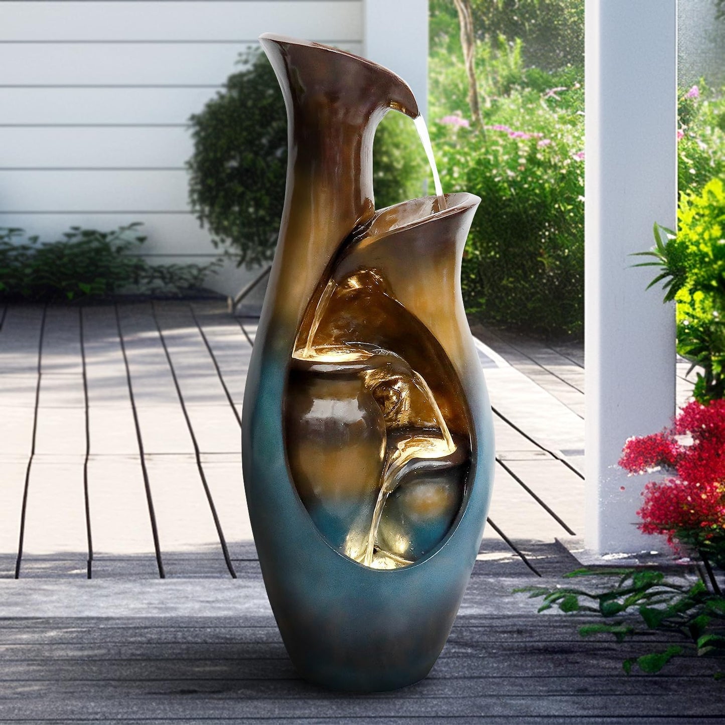 watnature 31.4”H Outdoor Garden Fountains and Waterfalls -Modern Indoor Water Jar Fountain with LED Lights&Pump for Garden, Patio, House, Home Decor, Indoor Zen Fountains Outdoor Waterfall Features