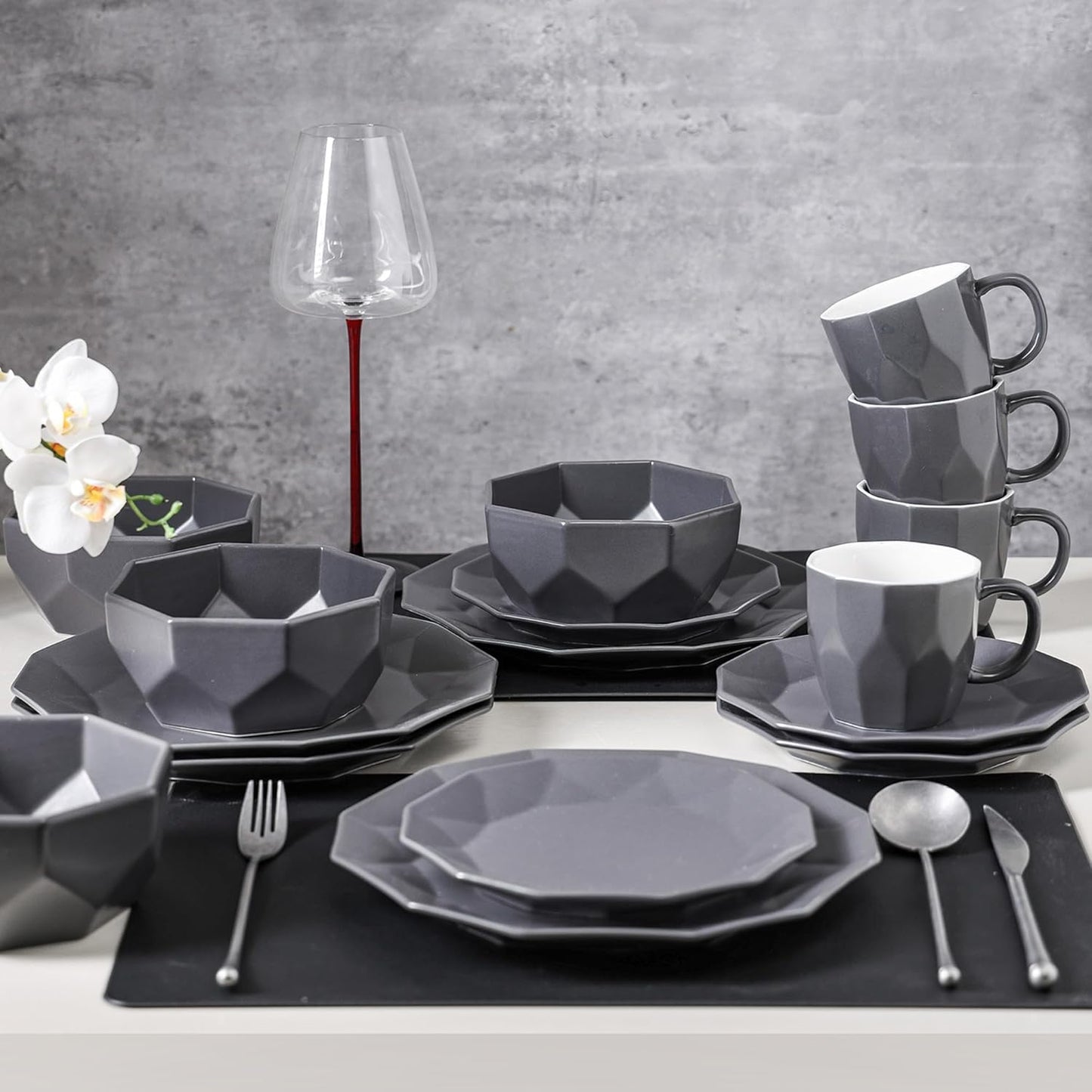 Stone + Lain Jamie Porcelain 32-Piece Geometric Dinnerware Set, Grey