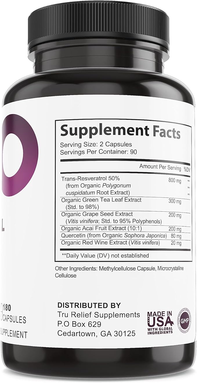 Resveratrol 800mg - Antioxidant supp w/Resveratrol, Green Tea, Quercetin, Acai. Supports Aging, Immunity, Brain, Joints. 180 ct.