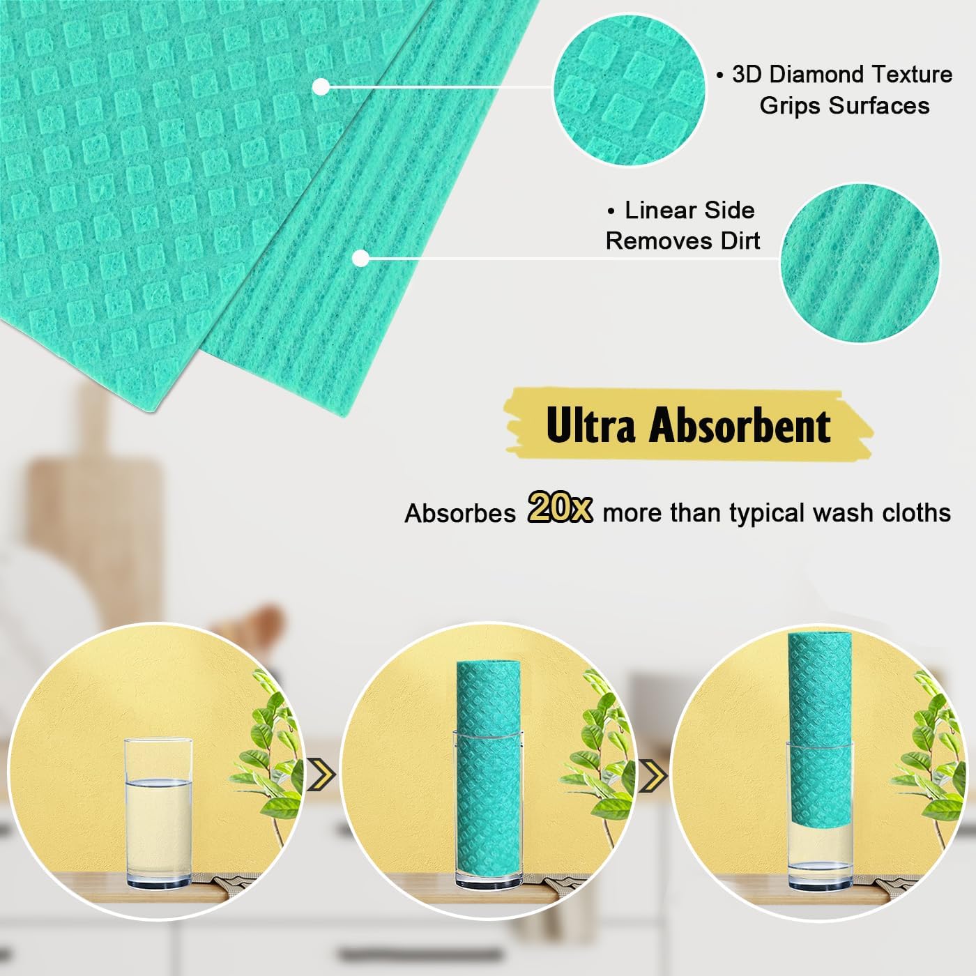 Swedish Dishcloths - 10 Pack Reusable Kitchen Dishcloths - Ultra Absorbent Dish Towels for Washing Dishes - Cellulose Sponge Cloth Cleaning Cloths - Green