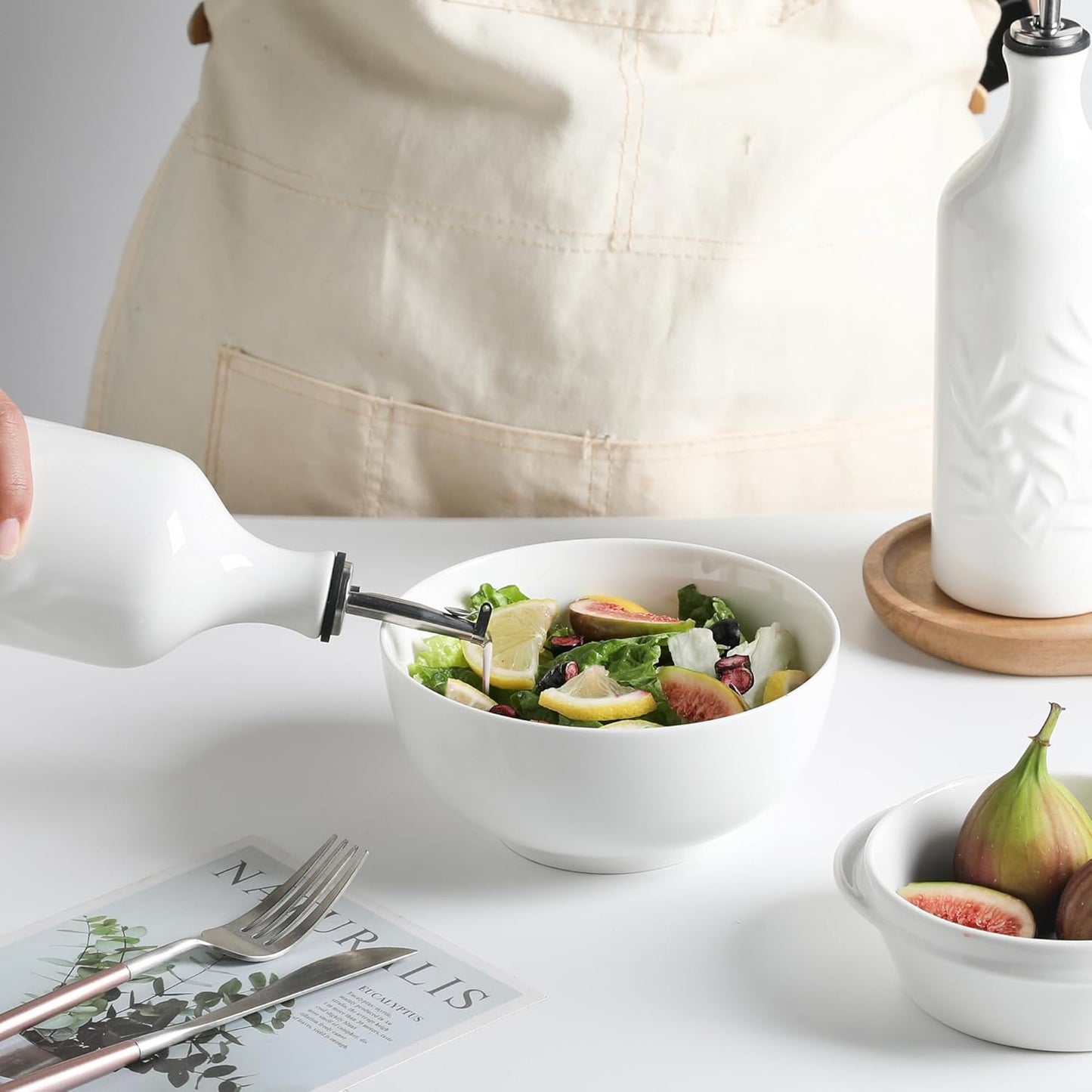 Sweejar Ceramic Olive Oil Dispenser Bottle, 20 Oz Relief Opaque Oil Cruet Protects To Reduce Oxidation, Suitable for Storage,Vinegar, Soy Sauce,Liquids,Set of 2 (White White)