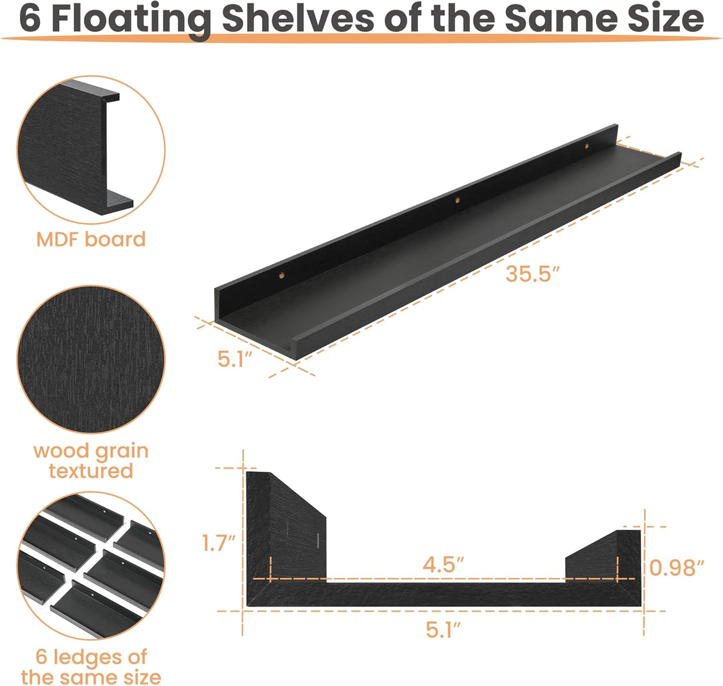 upsimples Floating Shelves for Wall, Wall Shelves for Decor Storage Set of 6, Wall Mounted Wood Shelf for Bedroom, Living Room, Bathroom, Kitchen, 35.5 inch Long Picture Ledge Shelf, Black